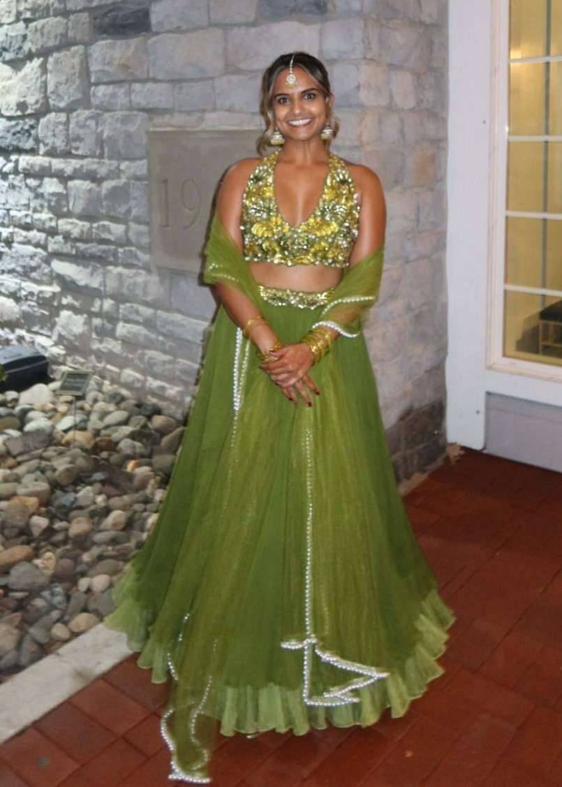 Olive Green Embellished Halter Lehenga Image - 0