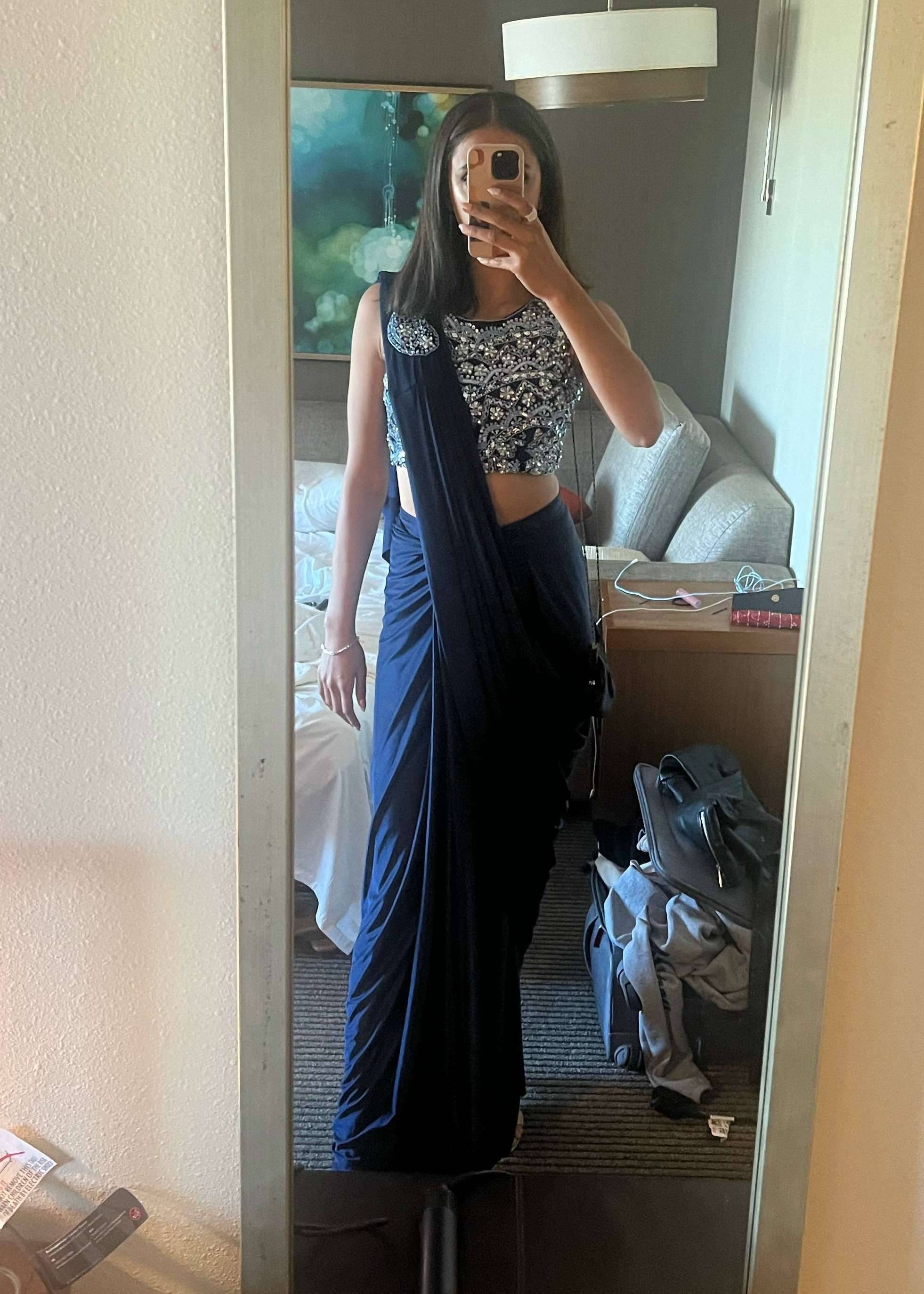 Navy Blue Pre-Draped Sari with Printed Blouse Image - 0