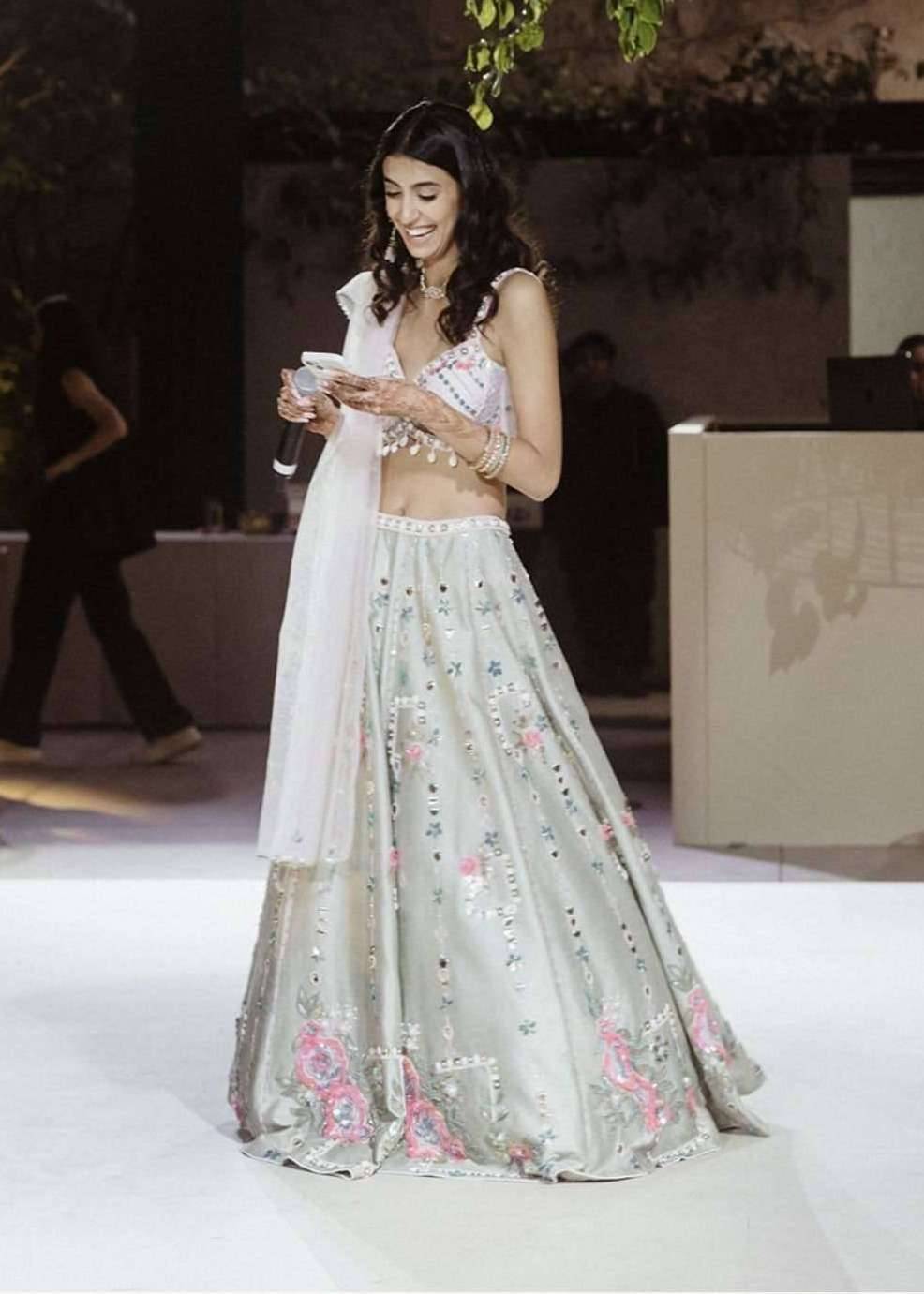 Sage Green Floral Mirror Work Lehenga Set Image - 0