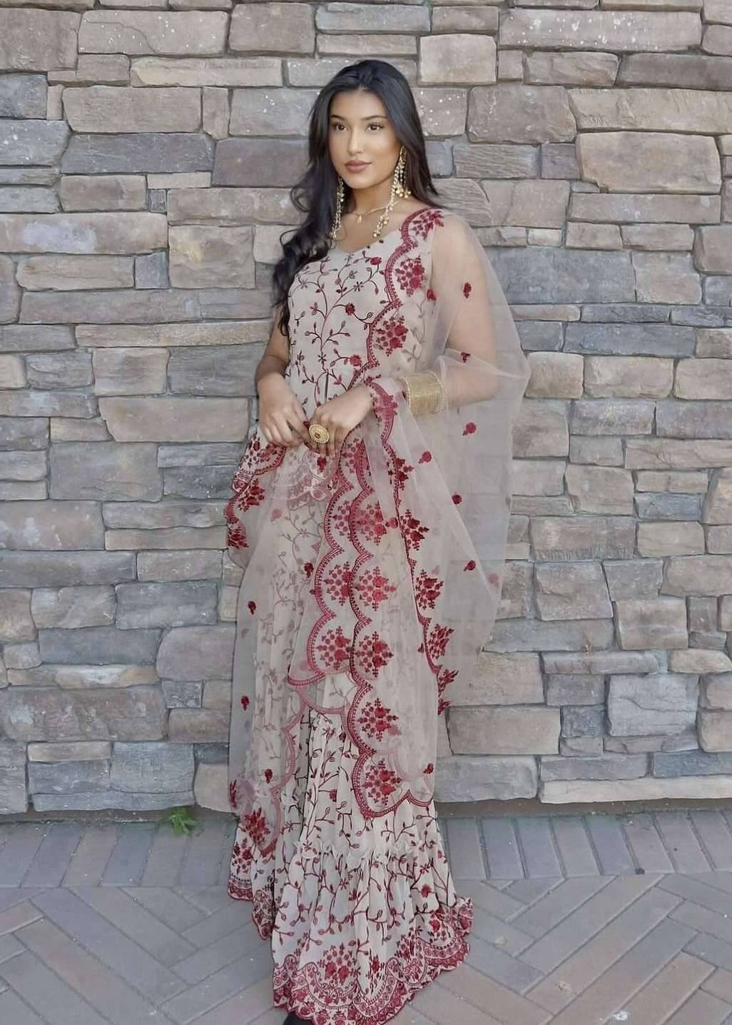 Beige and Maroon Floral Embroidered Gharara Set Image - 0