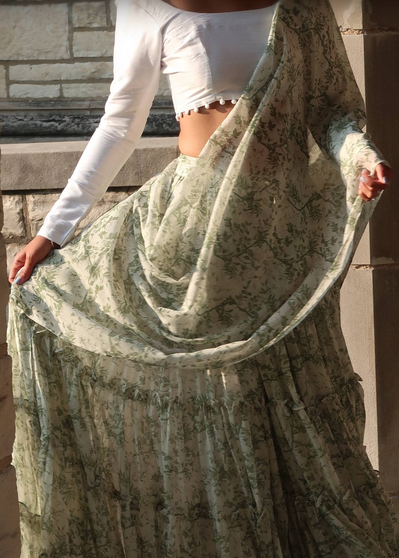 Sage Green Floral Tiered Lehenga Image - 1