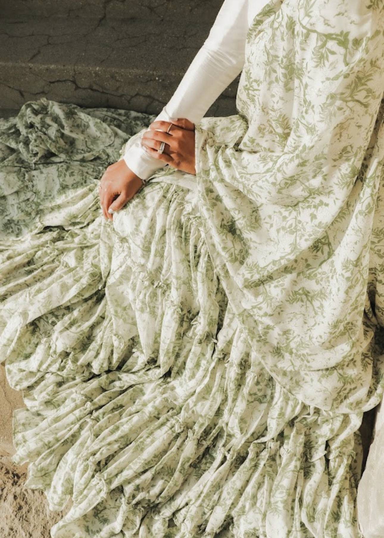 Sage Green Floral Tiered Lehenga Image - 2
