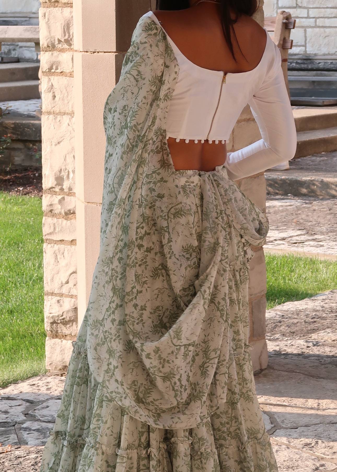 Sage Green Floral Tiered Lehenga Image - 4