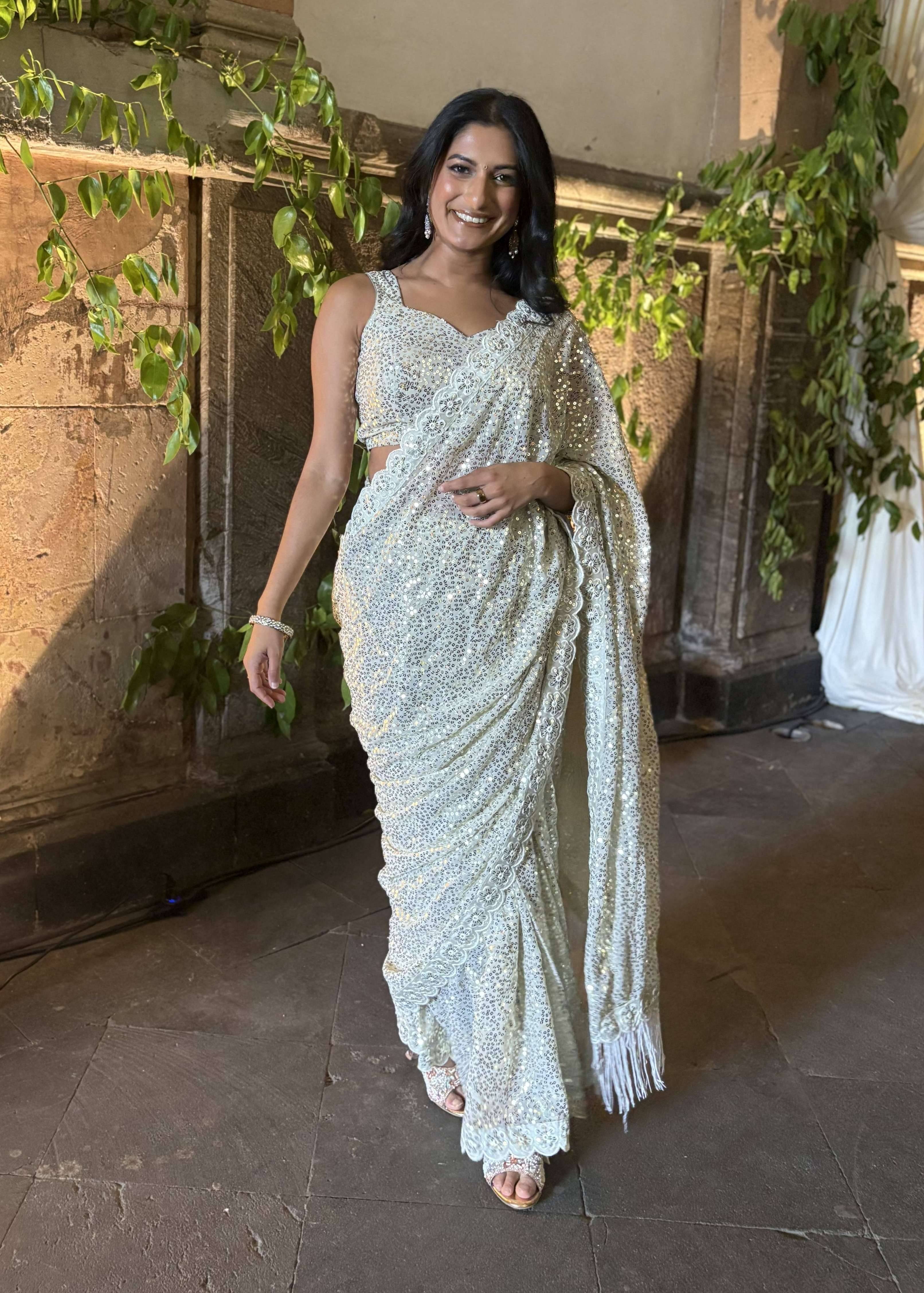 Ivory Sequin Scalloped Sari Image - 0