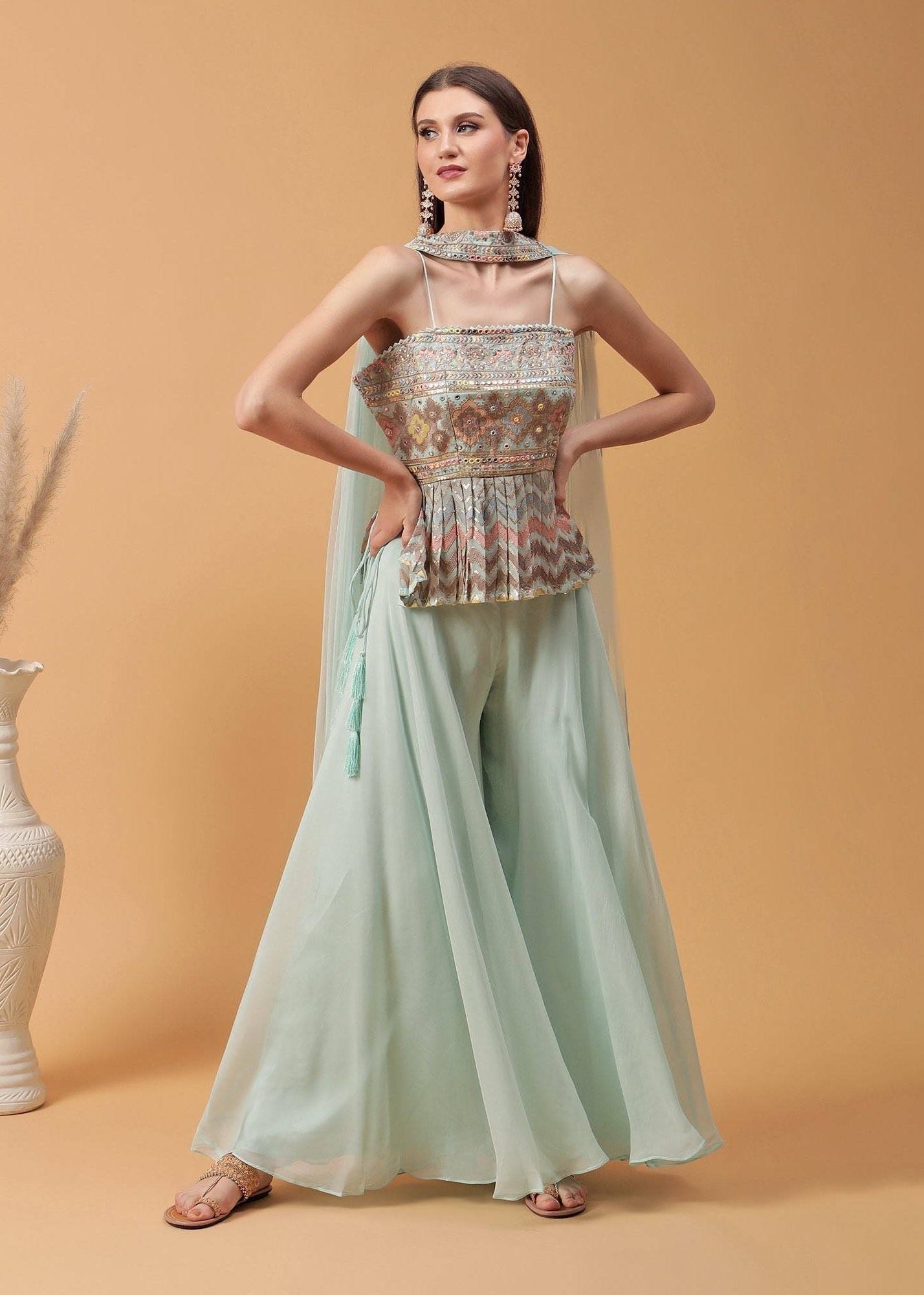Mint Green Embroidered Sharara Set Image - 1