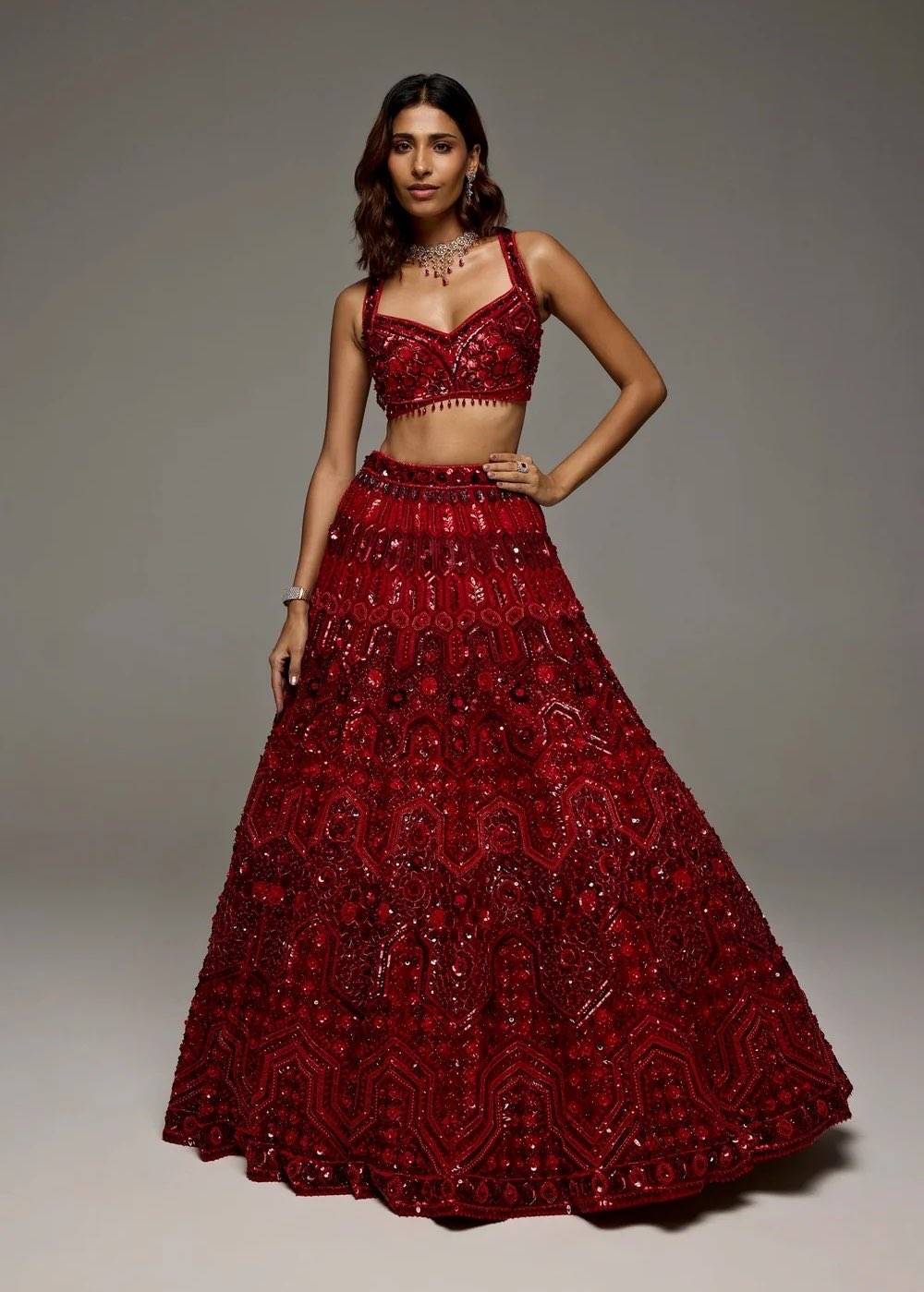 Red Sequin Embellished Lehenga Image - 1