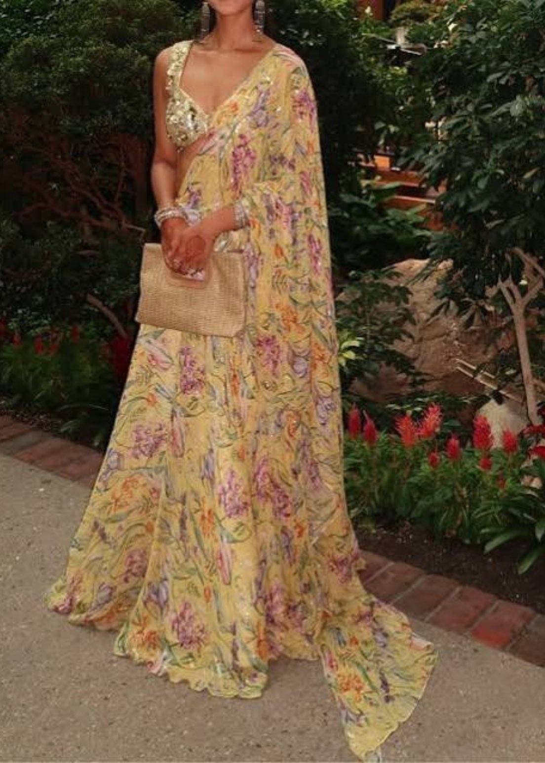 Yellow Floral Print Pre-Draped Sari Image - 1
