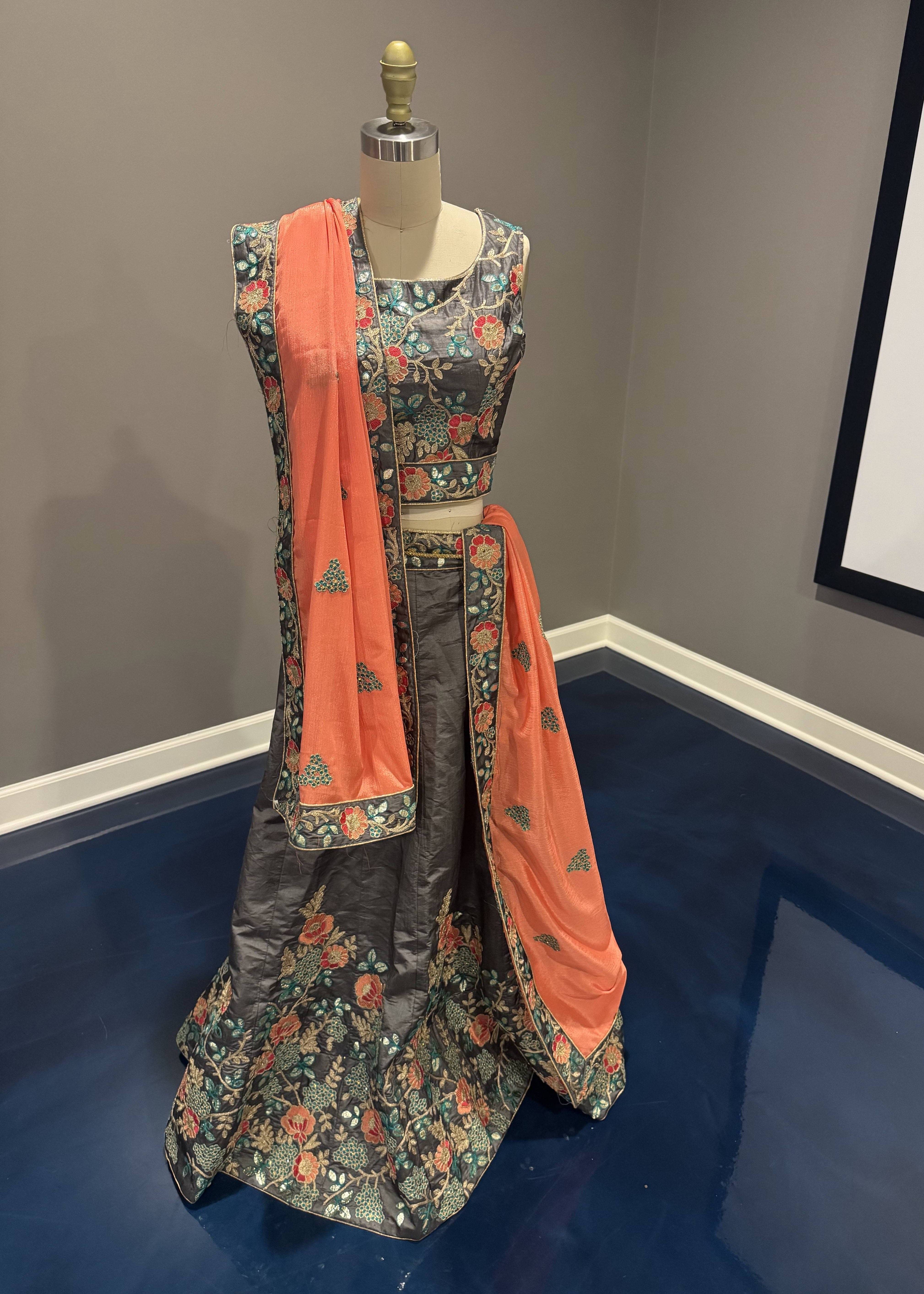 Gray Floral Embroidered Lehenga Set Image - 0