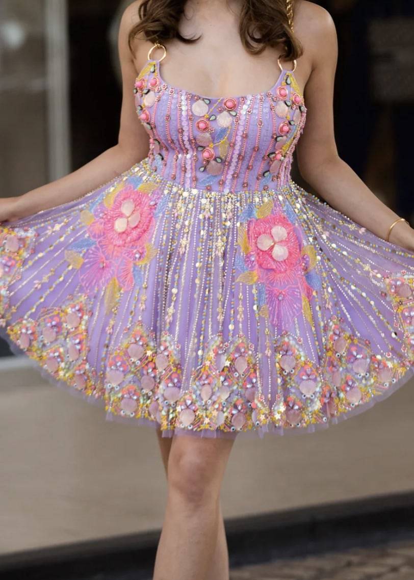 Lilac Embellished Floral Mini Dress Image - 0