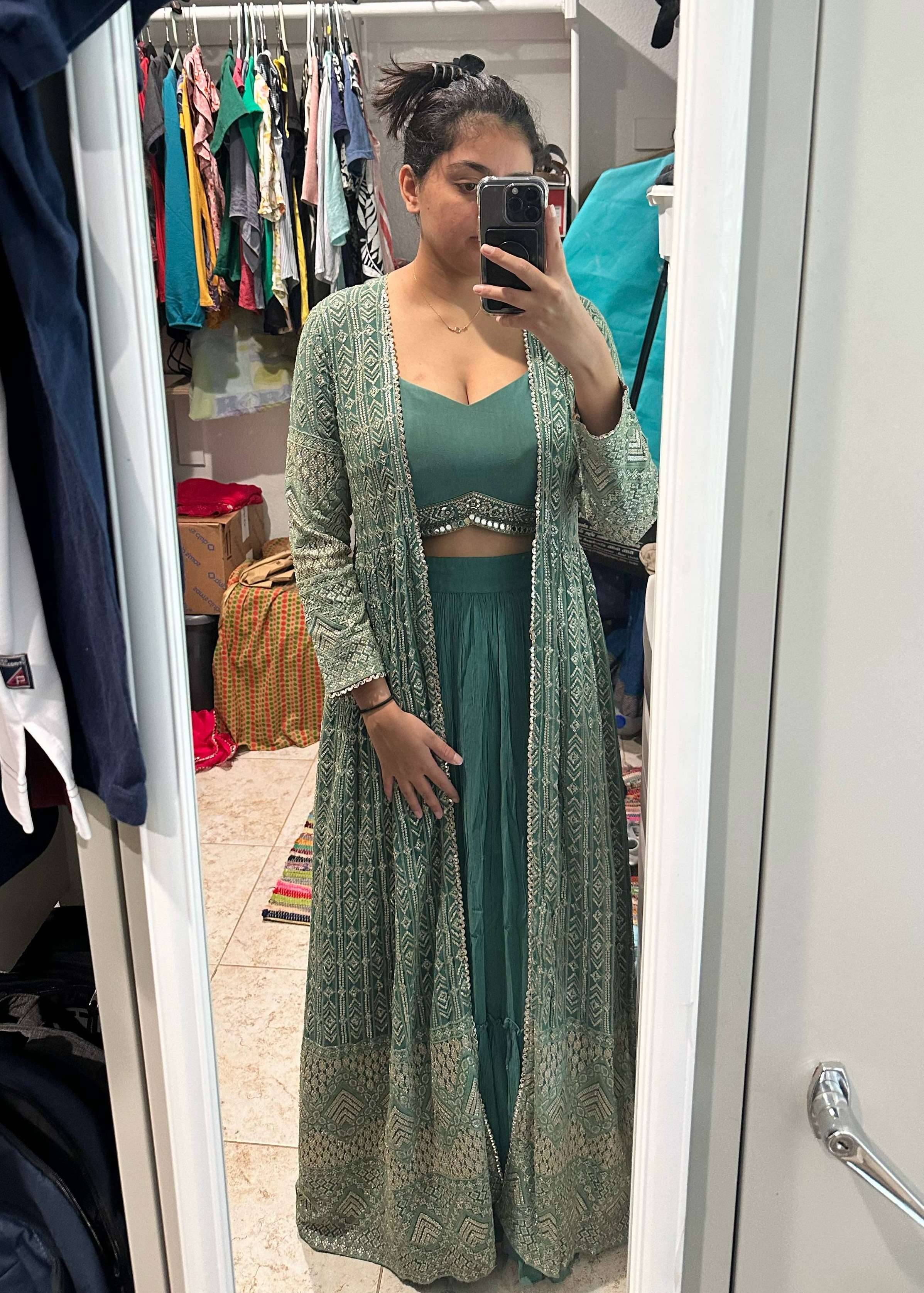 Sage Green Embroidered Jacket Set Image - 0