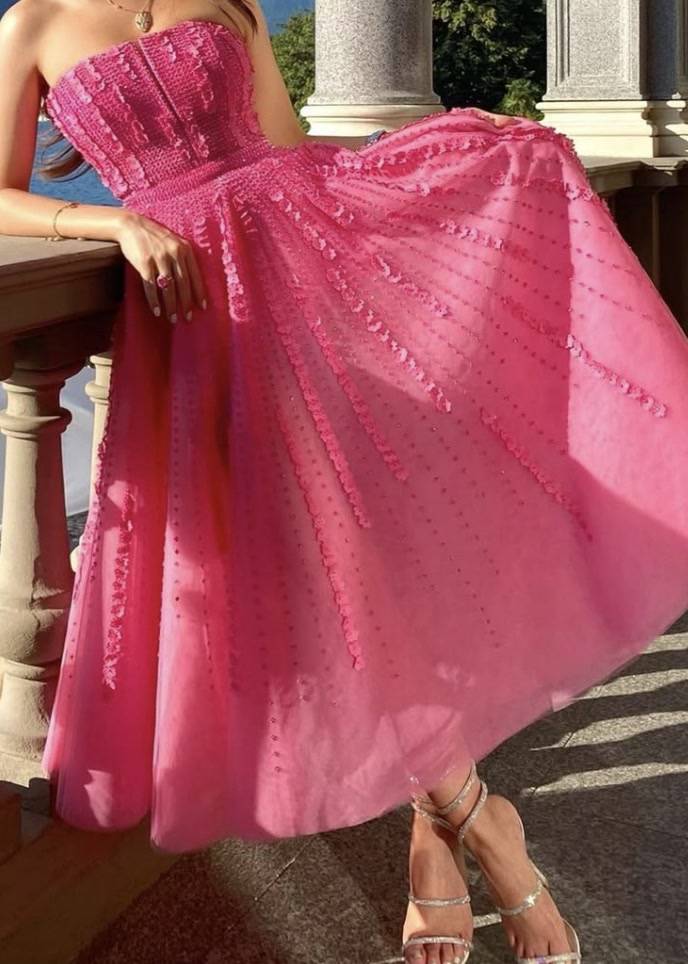 Rose Pink Tulle Applique Midi Dress Image - 0
