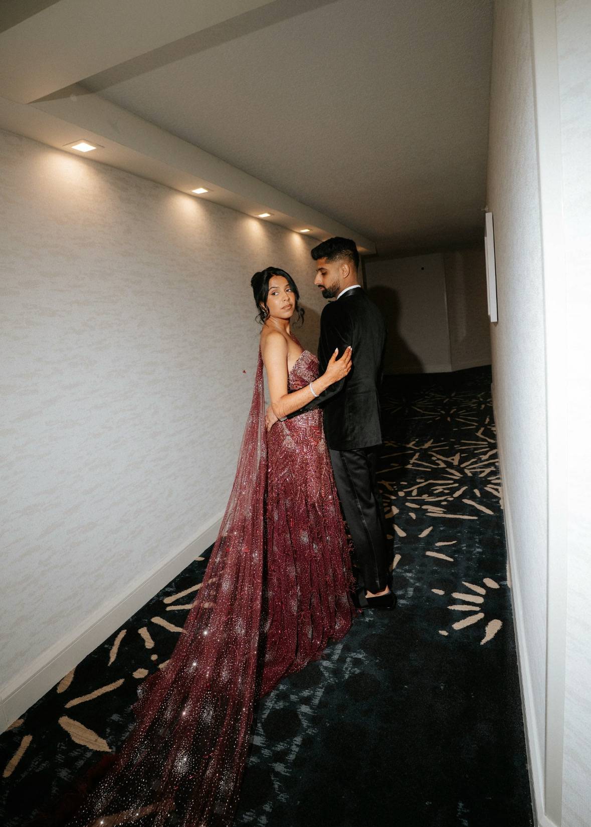 Maroon Beaded Feather Trim Gown Image - 2
