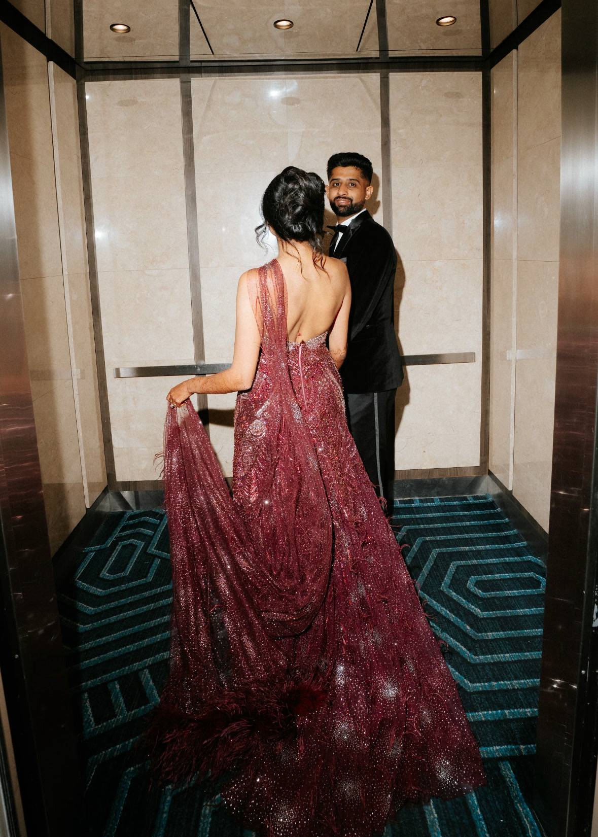 Maroon Beaded Feather Trim Gown Image - 3