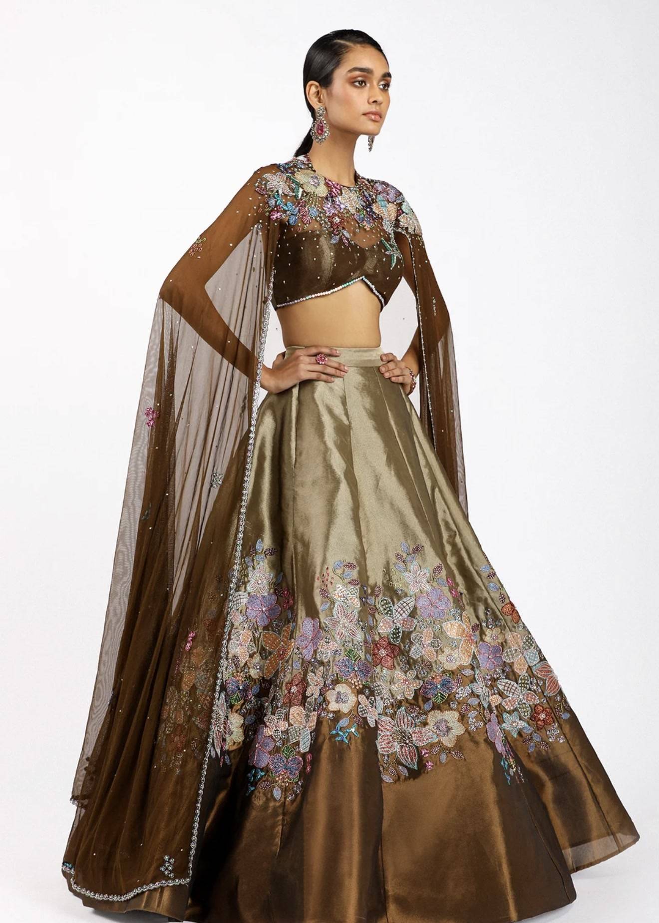 Bronze Floral Embroidered Lehenga Set Image - 2