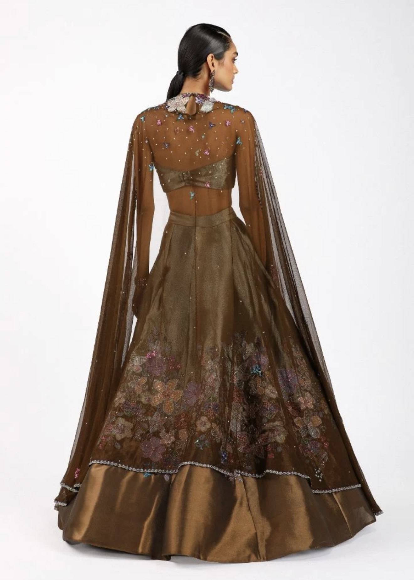 Bronze Floral Embroidered Lehenga Set Image - 3