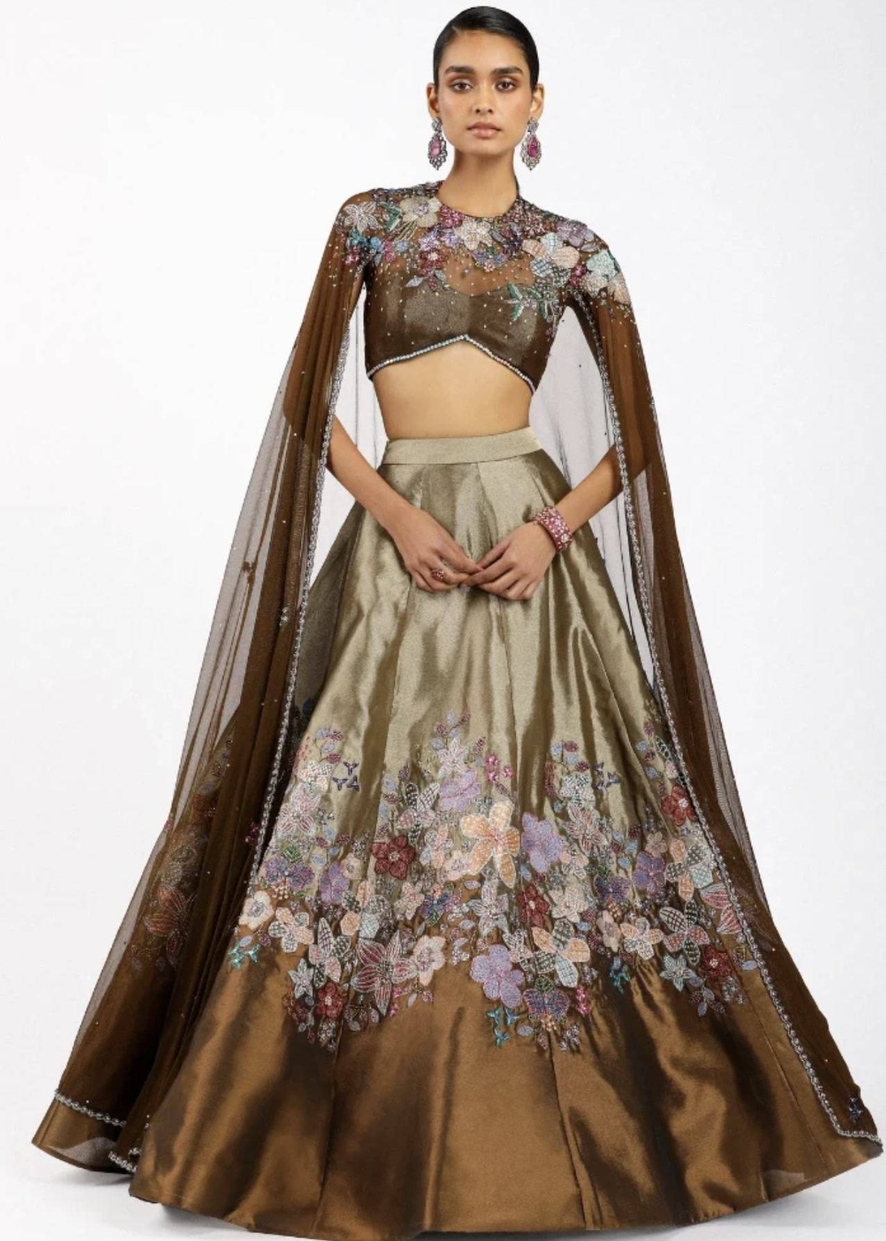 Bronze Floral Embroidered Lehenga Set Image - 0