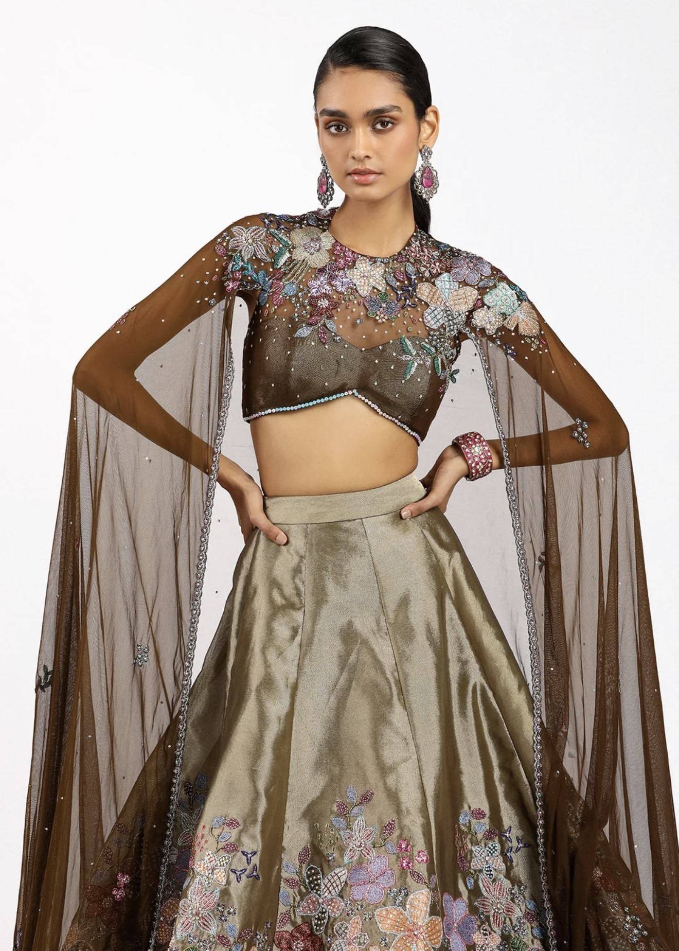 Bronze Floral Embroidered Lehenga Set Image - 1
