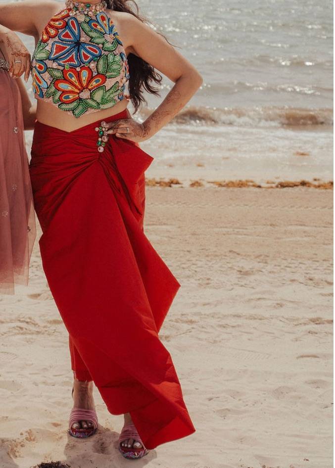 Red Embellished Draped Co-Ord Set Image - 0