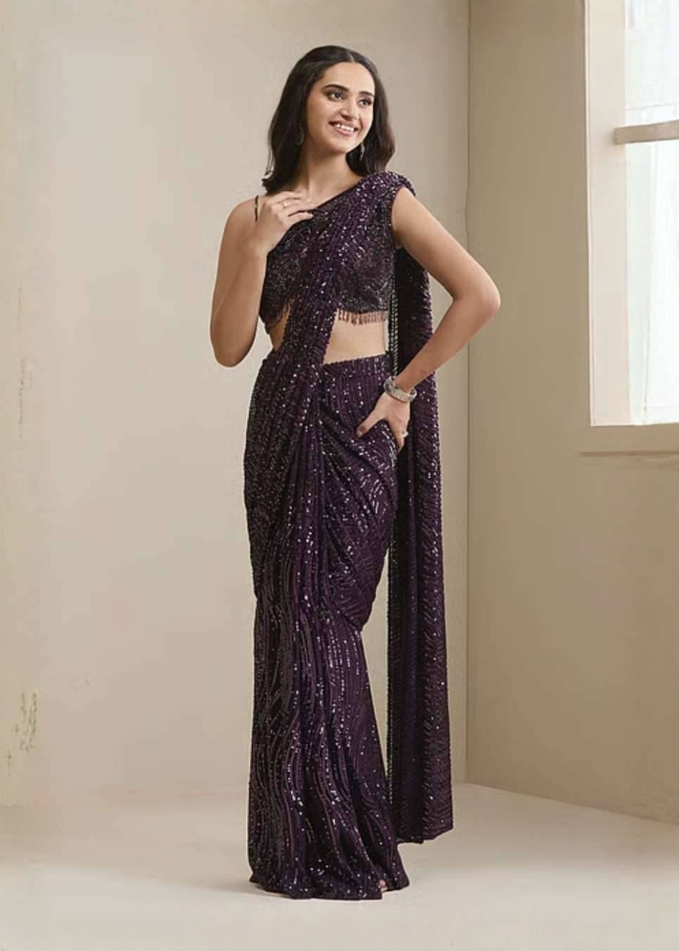 Purple Sequin Pre-Draped Sari Image - 0