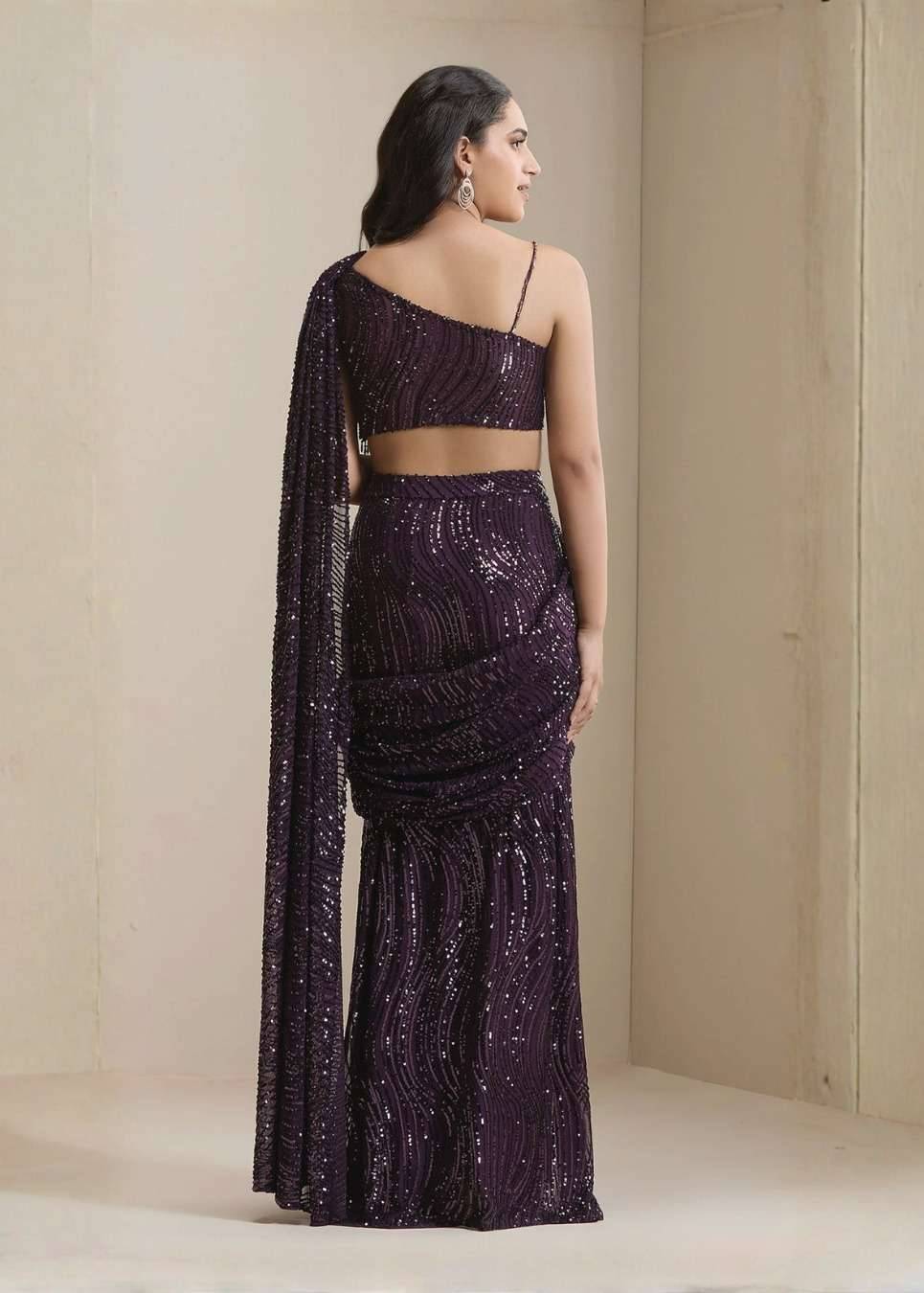 Purple Sequin Pre-Draped Sari Image - 2