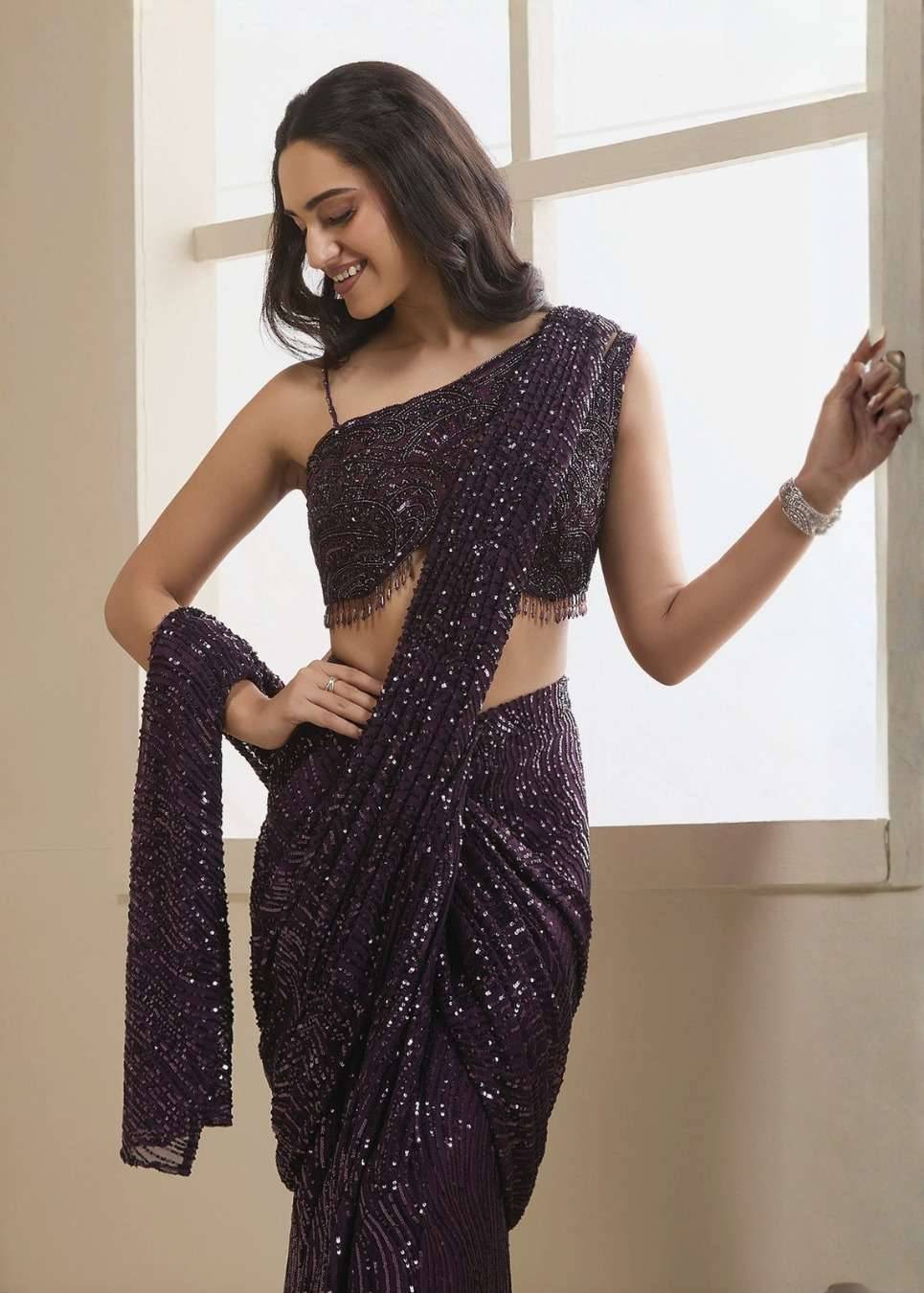 Purple Sequin Pre-Draped Sari Image - 3