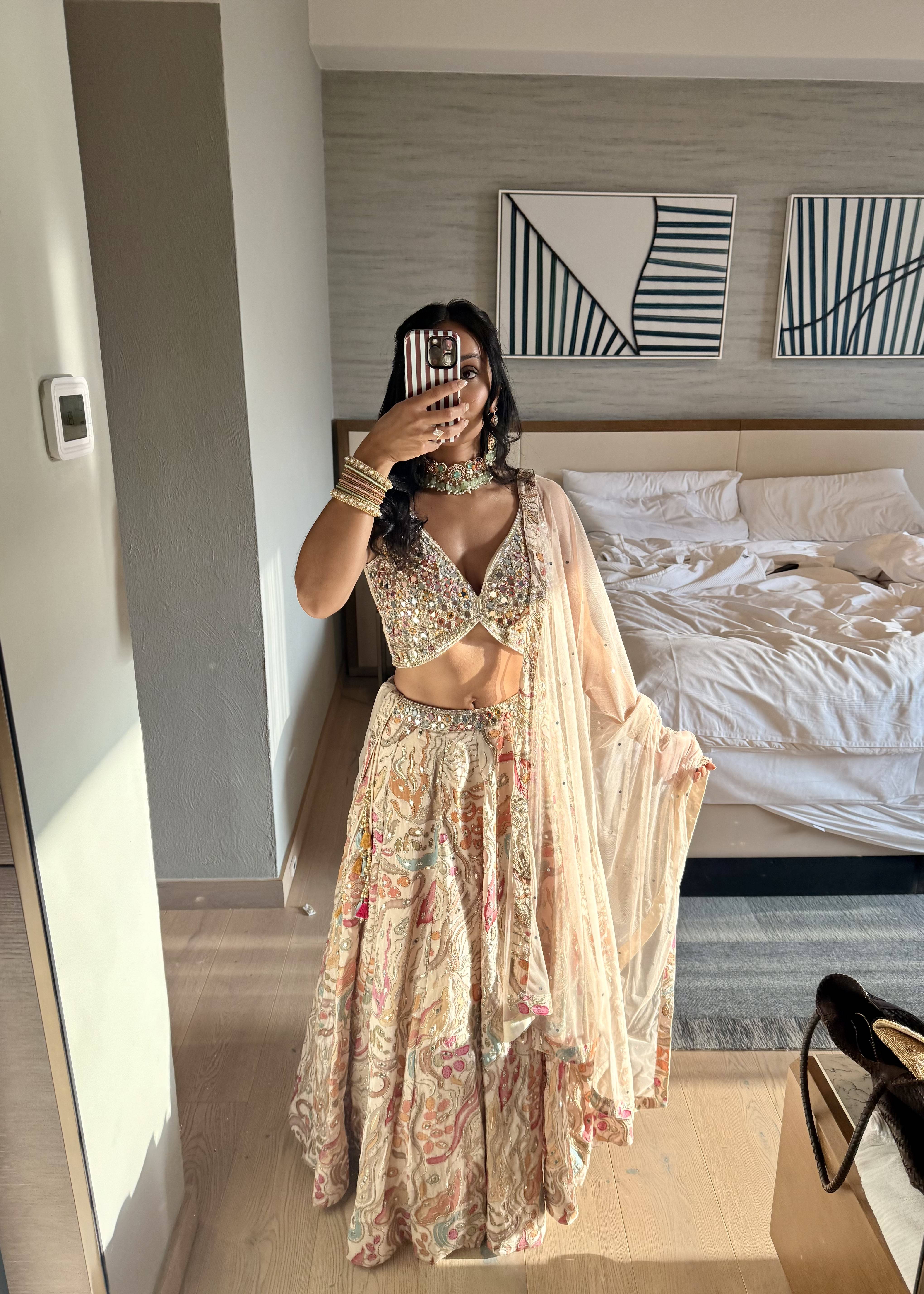 Cream Floral Mirror Work Lehenga Image - 1