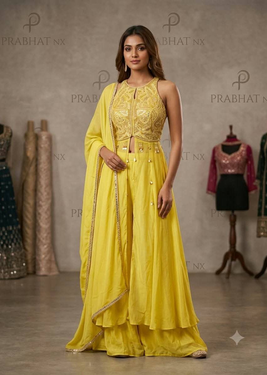 Yellow Embroidered Sharara Set Image - 1