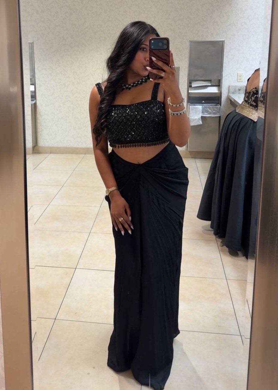 Black Beaded Draped Dhoti Set Image - 0