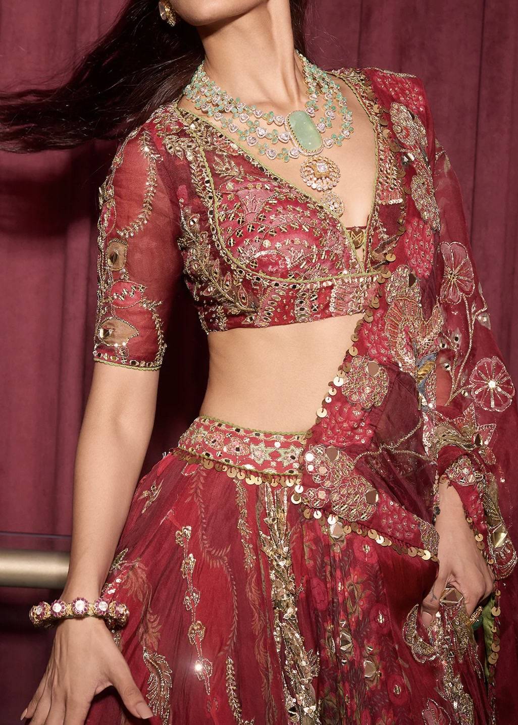 Red and Gold Embroidered Lehenga Image - 1
