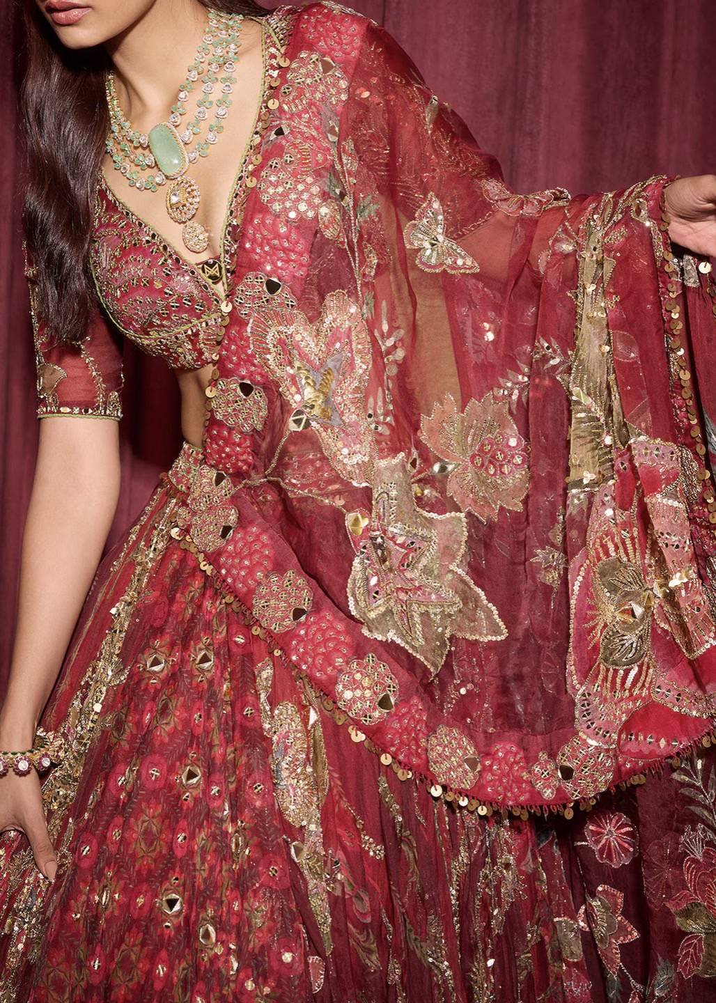 Red and Gold Embroidered Lehenga Image - 2