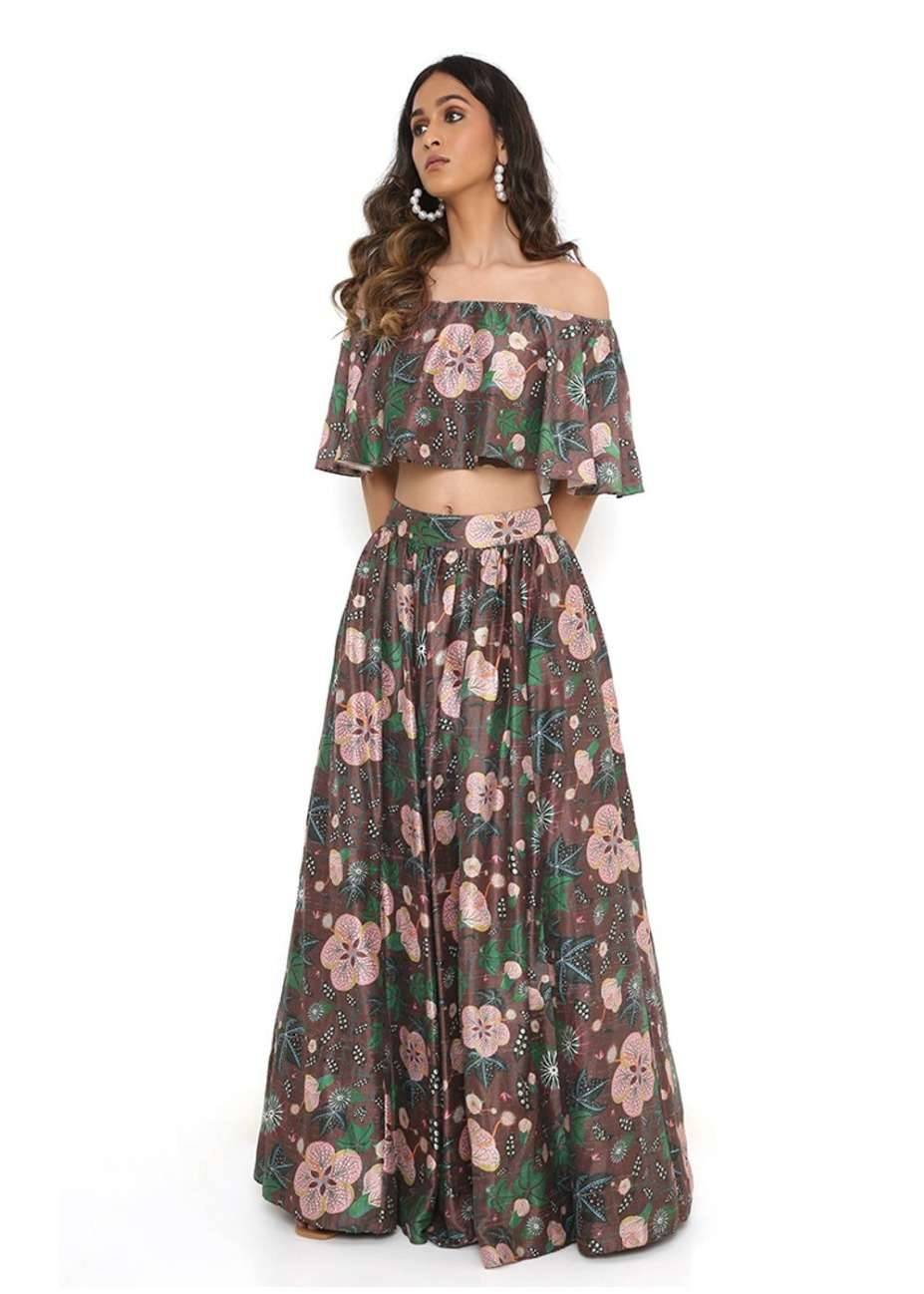 Brown Floral Off-Shoulder Lehenga Image - 0