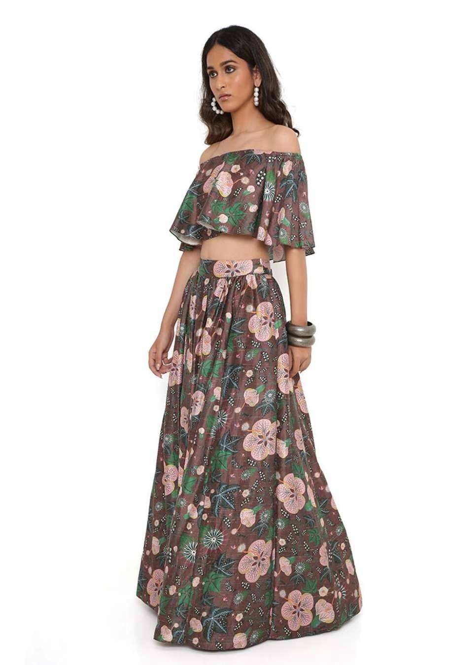 Brown Floral Off-Shoulder Lehenga Image - 3