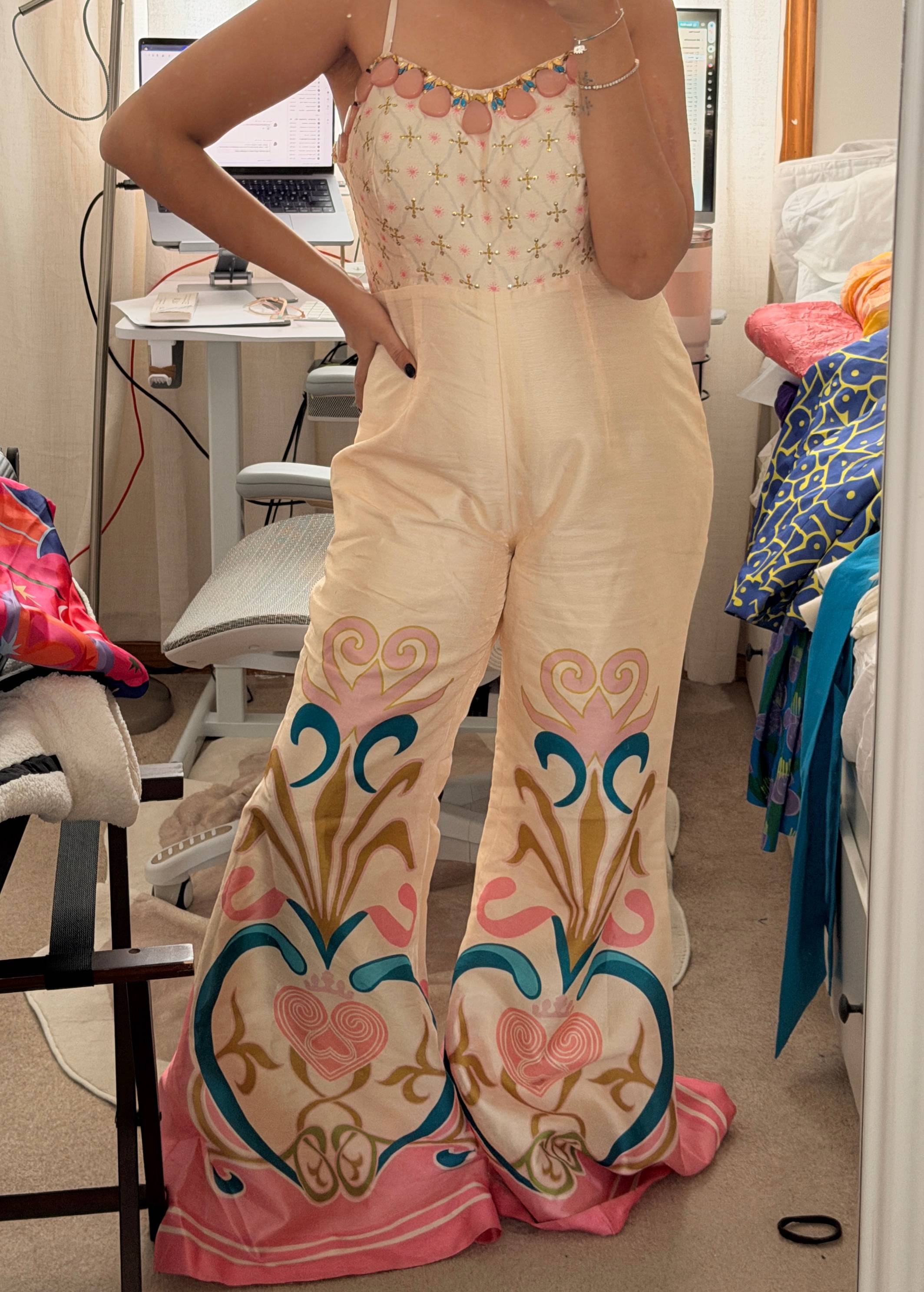 Cream Embellished Flared Jumpsuit Image - 0