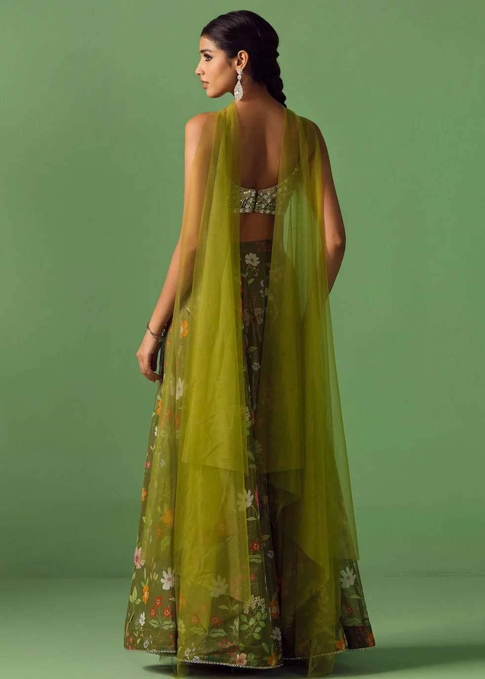 Olive Floral Printed Chiffon Pant Set Image - 1