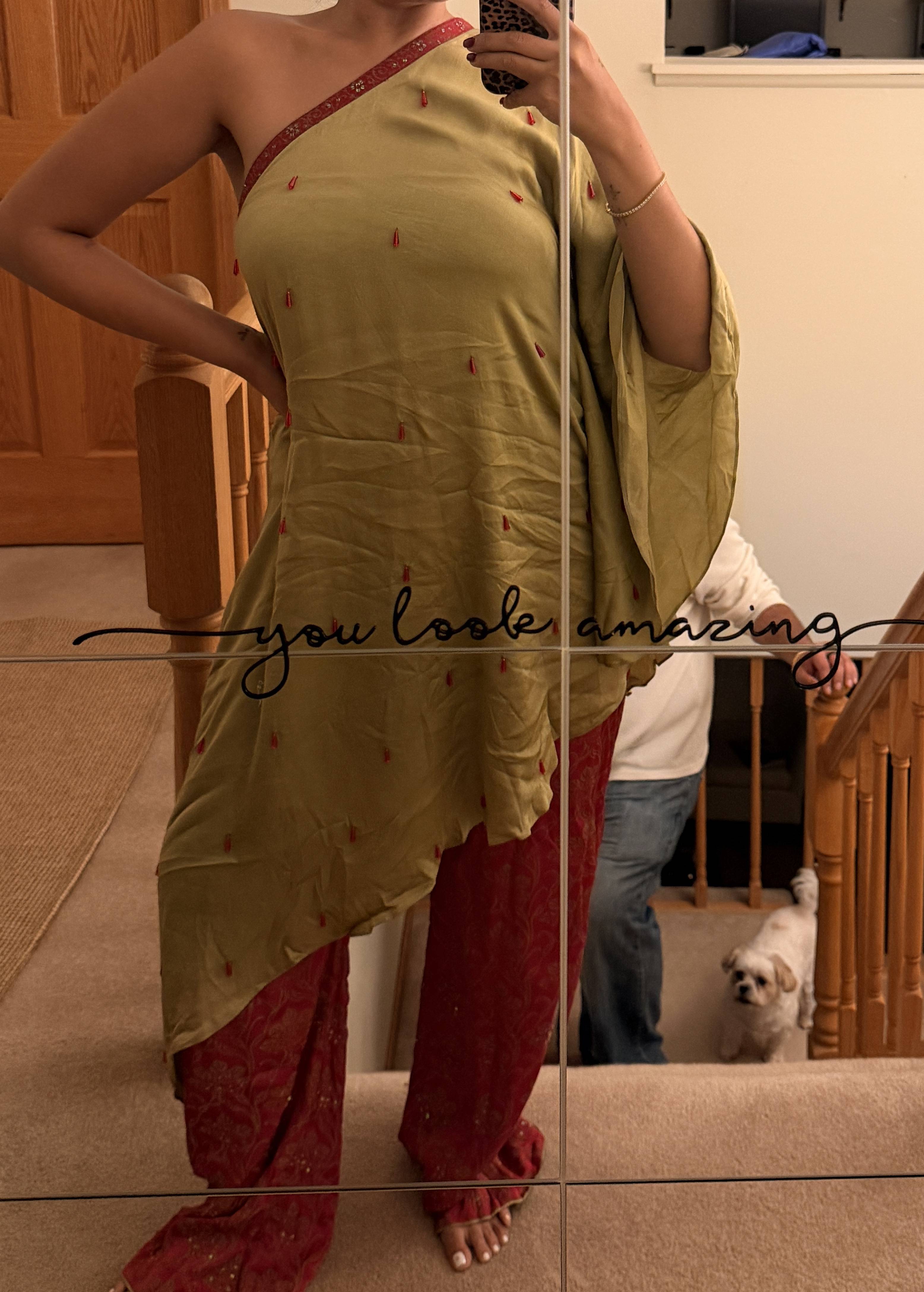 Olive One-Shoulder Kurta & Red Salwar Image - 0