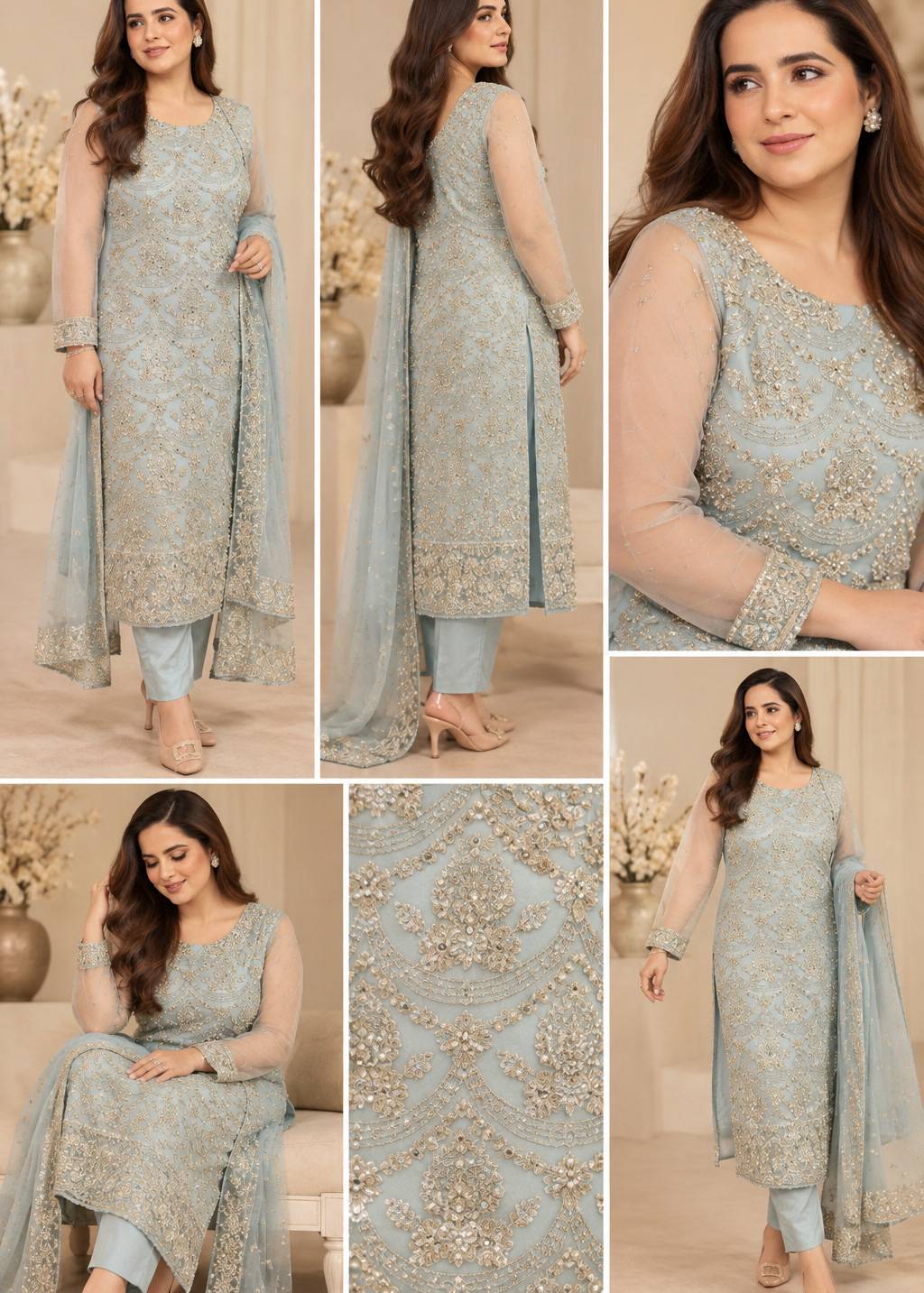 Powder Blue Embroidered Kurta Set Image - 3