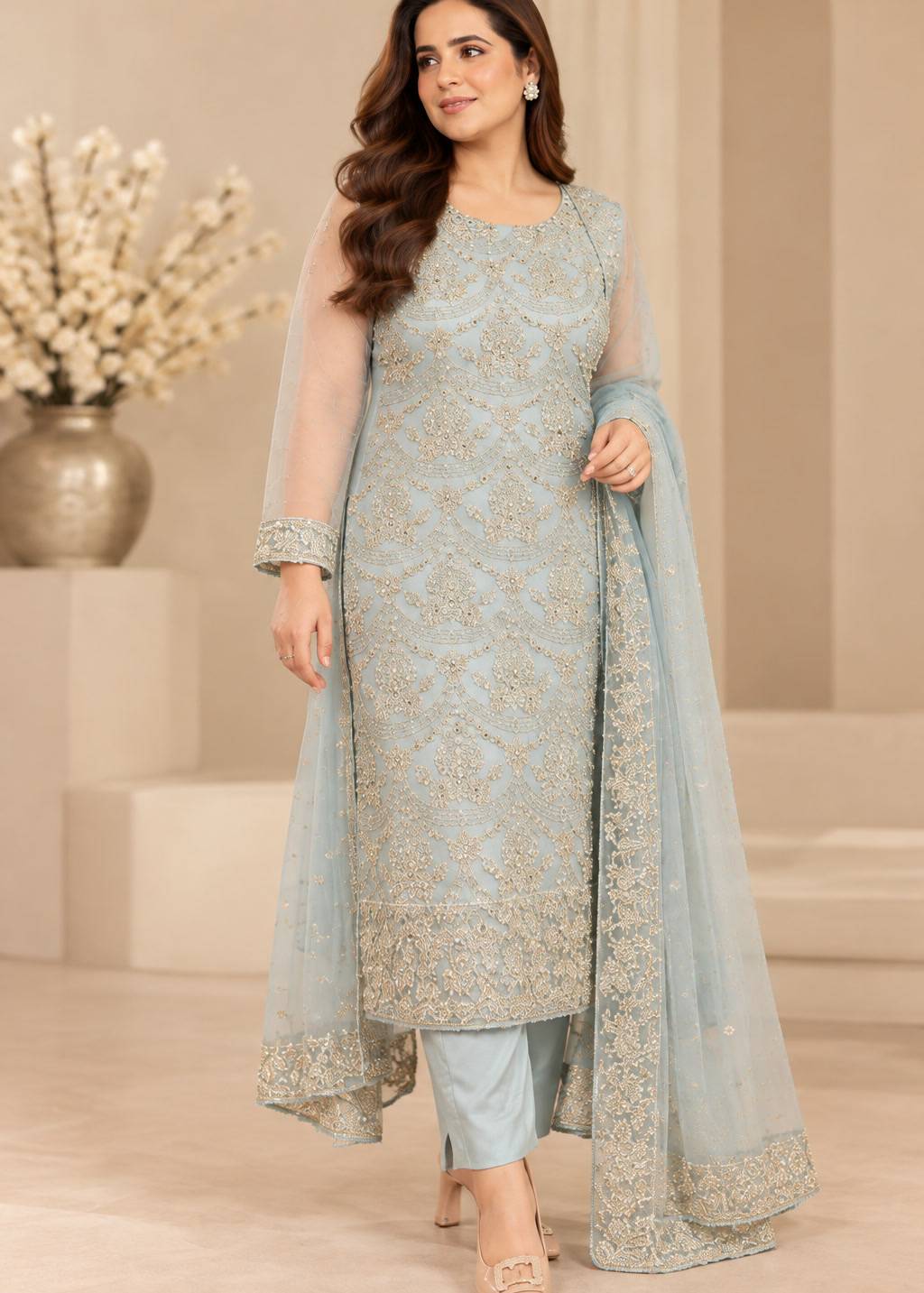 Powder Blue Embroidered Kurta Set Image - 2
