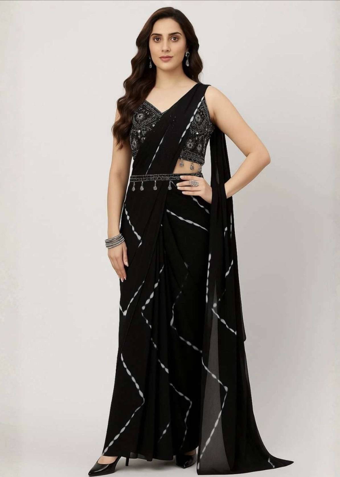 Black and White Striped Sari Image - 0