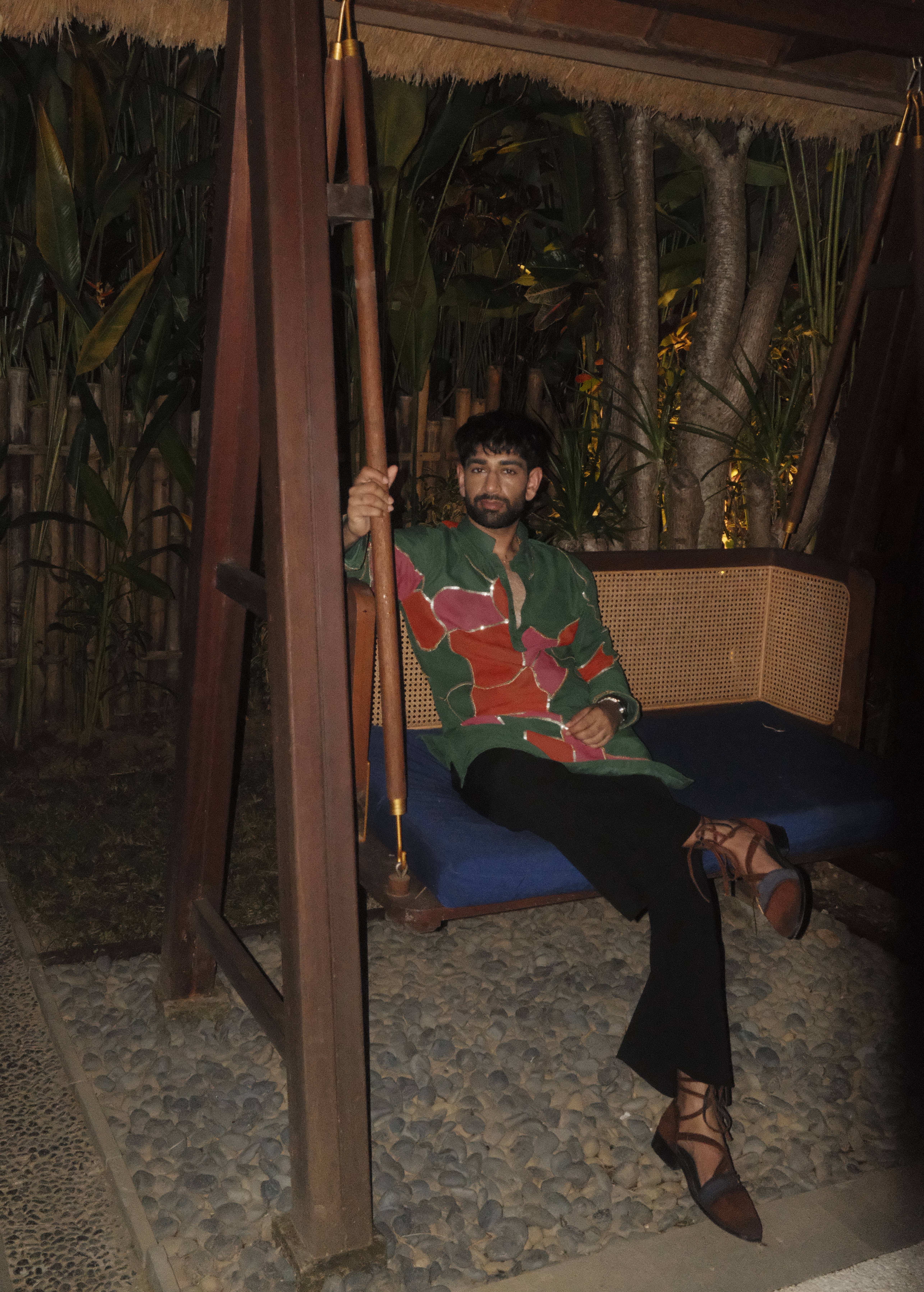 Green and Red Patchwork Kurta Image - 1