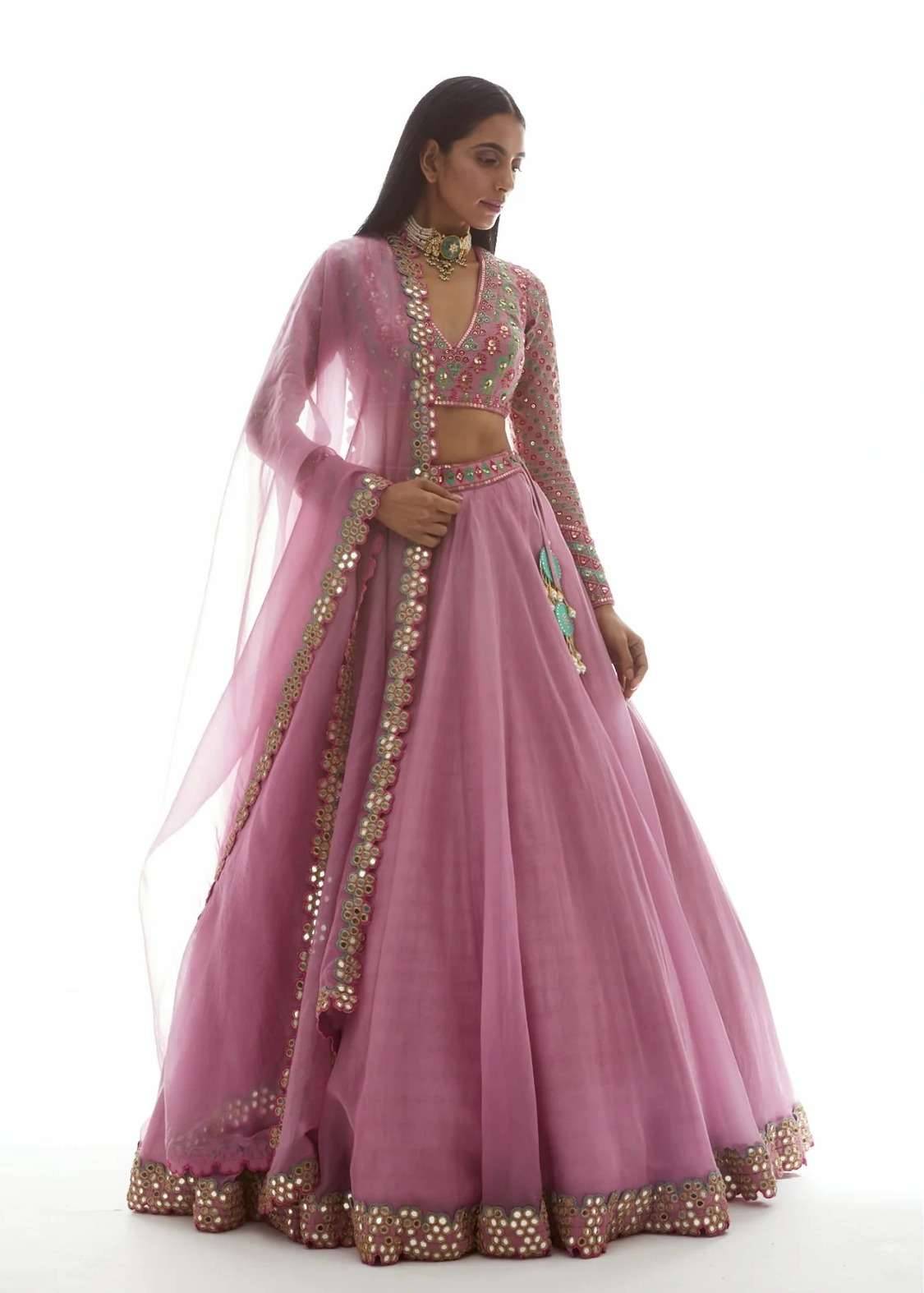 Pink Mirrorwork Organza Lehenga Image - 0