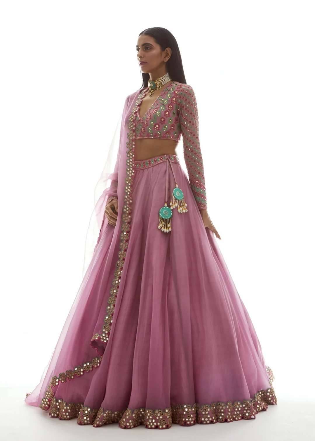 Pink Mirrorwork Organza Lehenga Image - 1