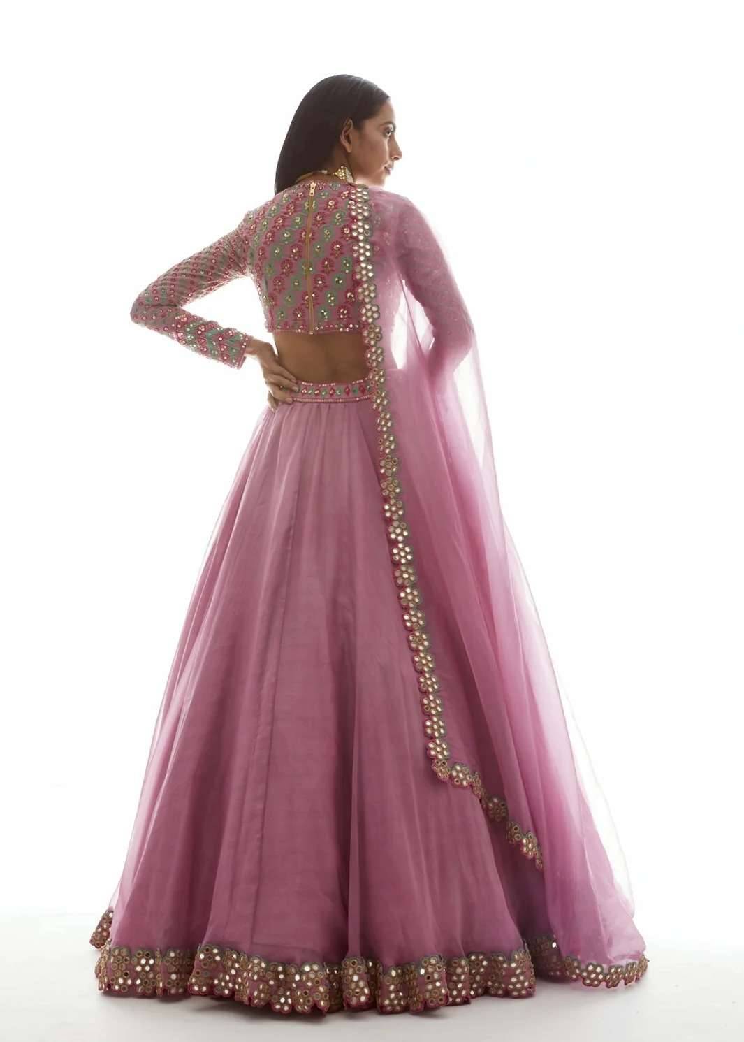 Pink Mirrorwork Organza Lehenga Image - 2