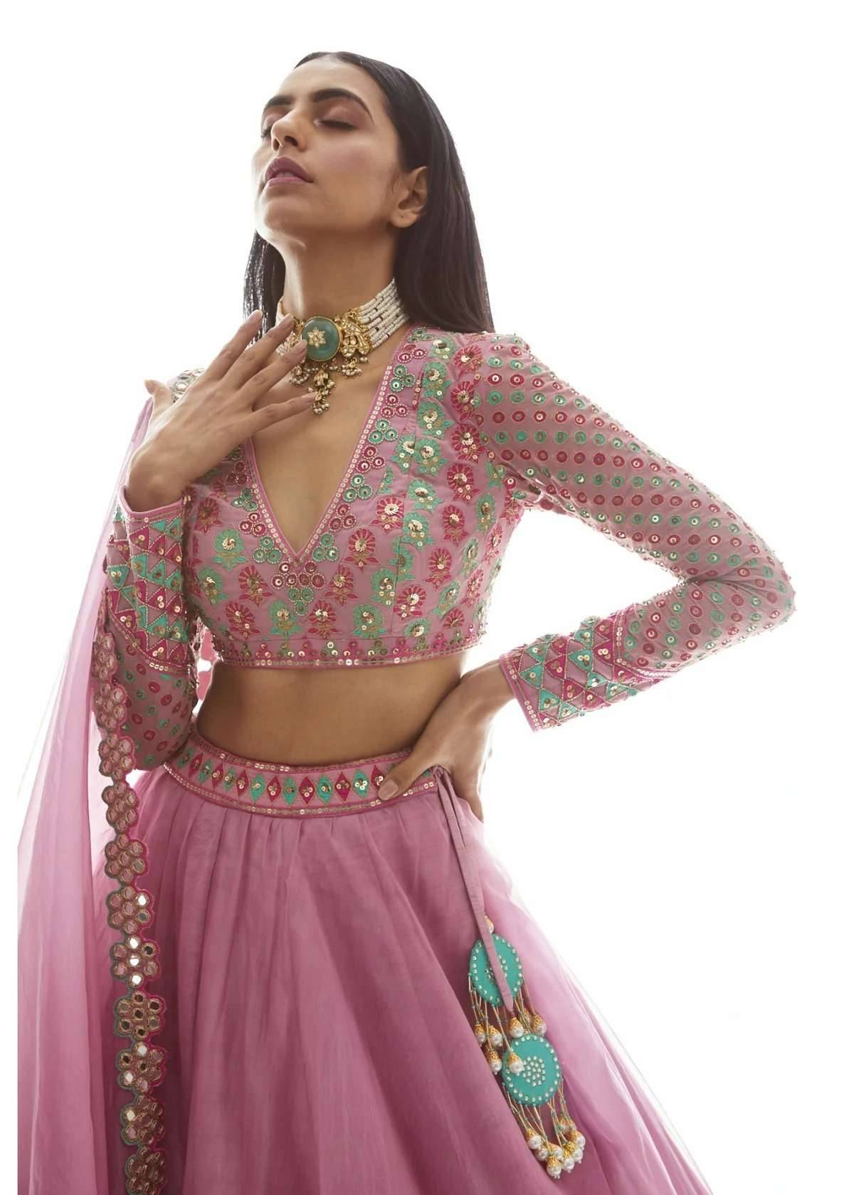 Pink Mirrorwork Organza Lehenga Image - 3