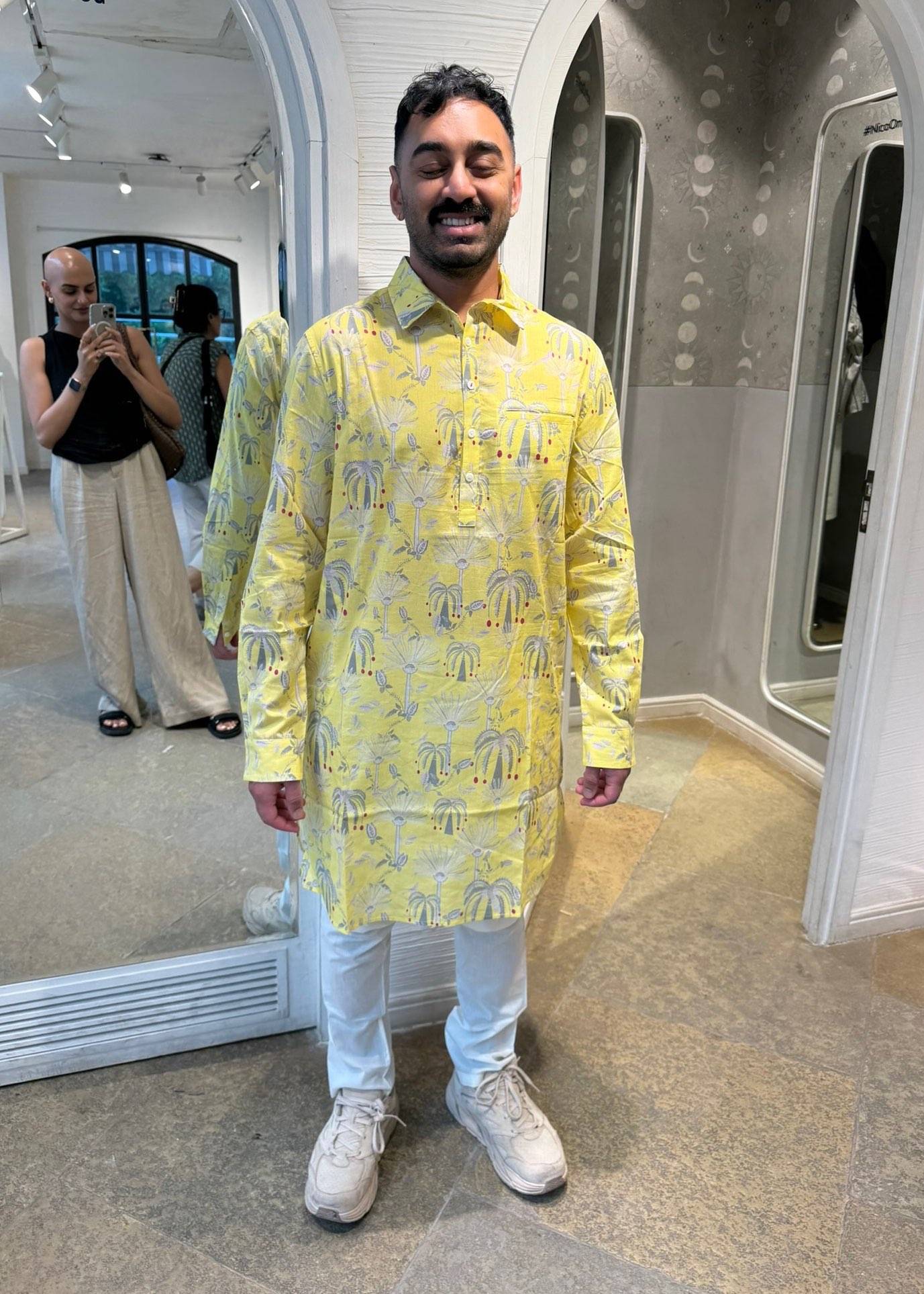 Yellow Palm Tree Cotton Kurta Image - 0