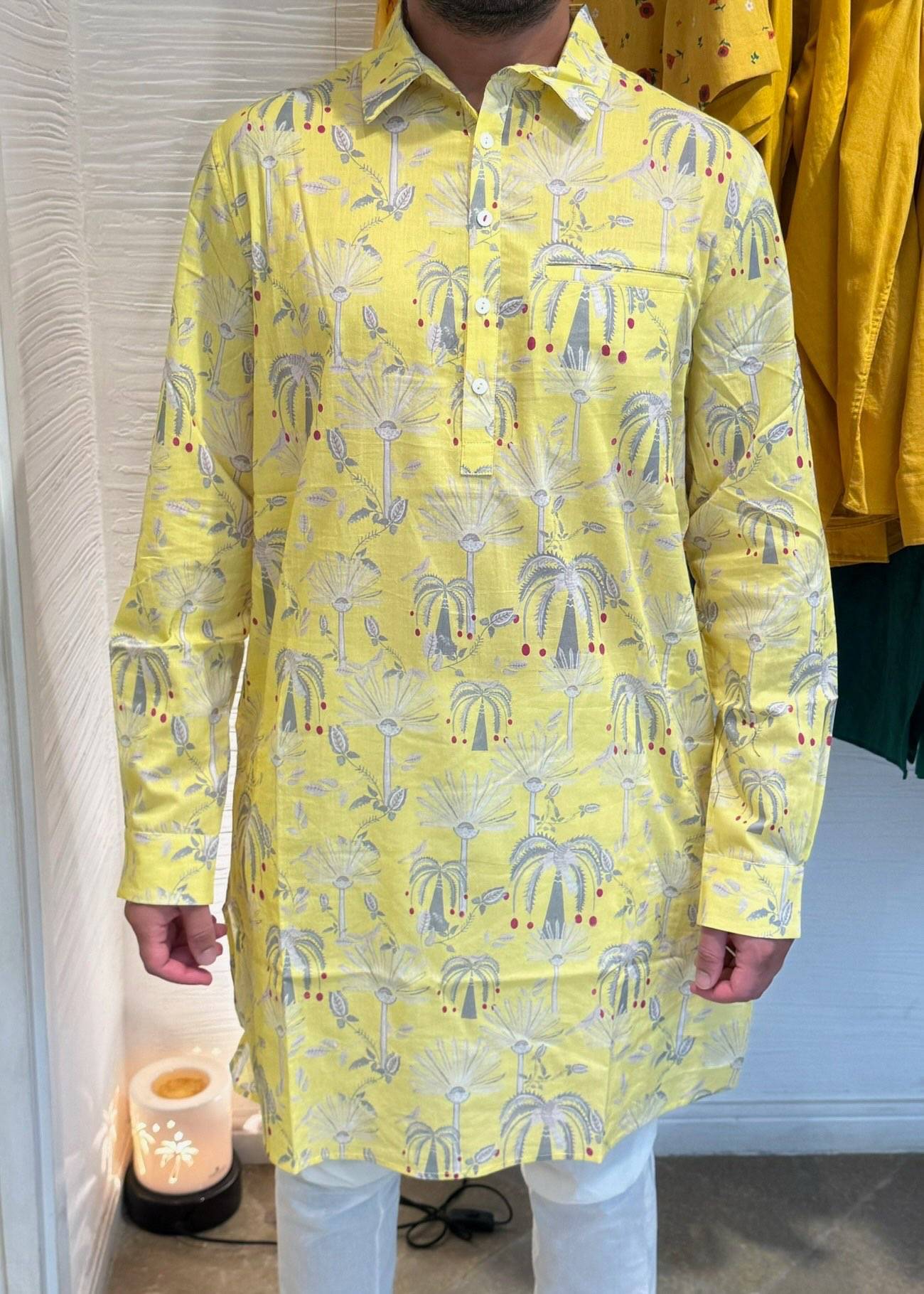 Yellow Palm Tree Cotton Kurta Image - 1