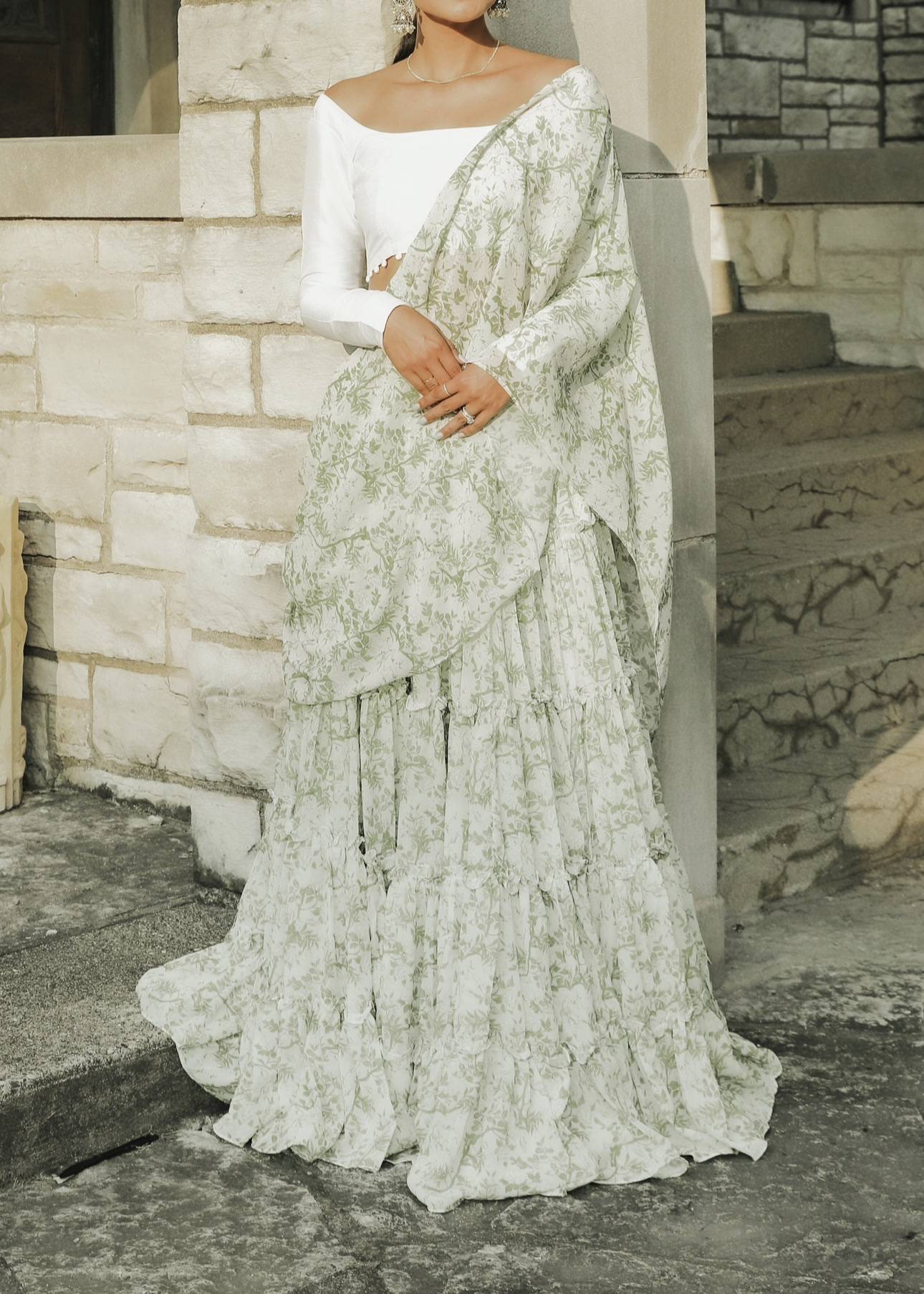 Sage Green Floral Tiered Lehenga Image - 0