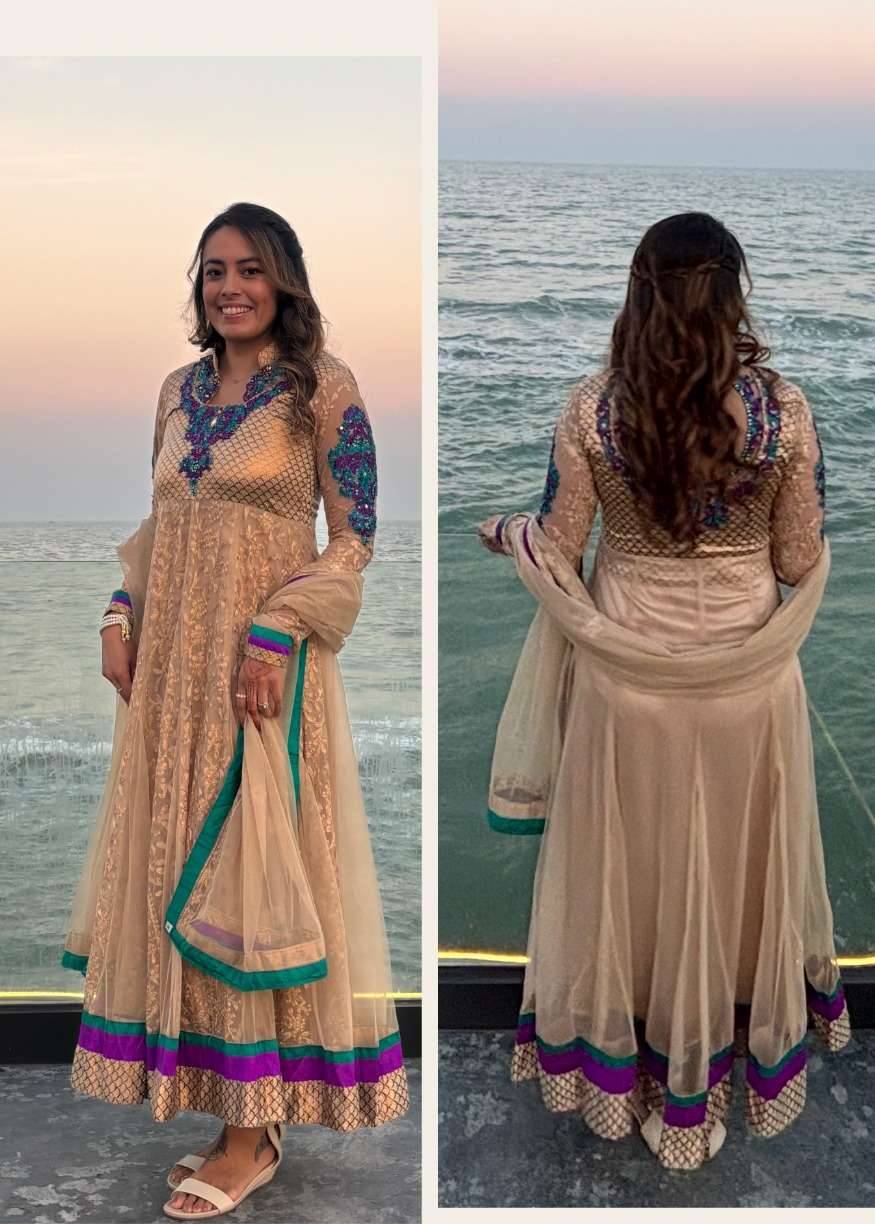 Beige Teal Purple Anarkali Suit Image - 1