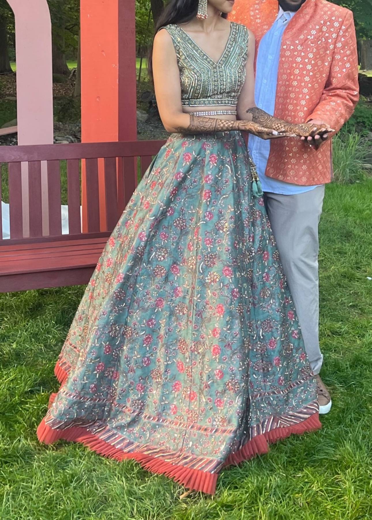 Sage Green Floral Embroidered Lehenga Image - 0