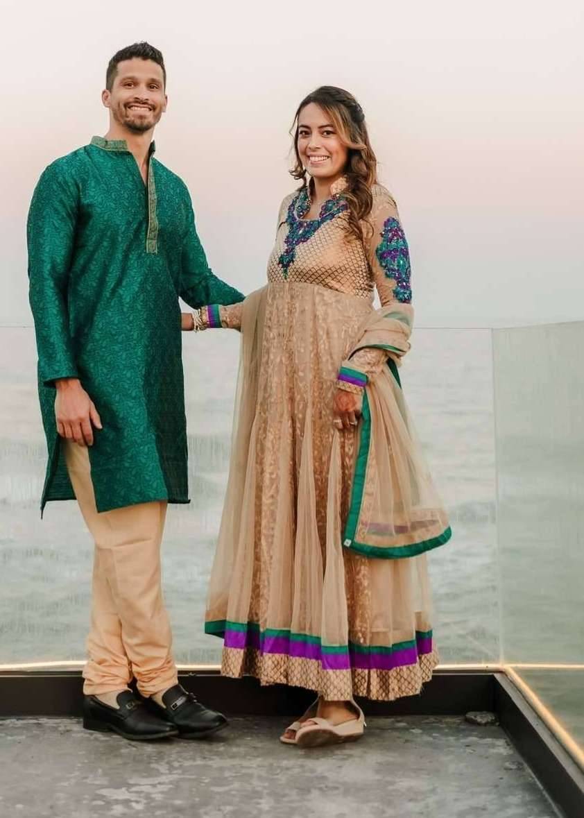 Beige Teal Purple Anarkali Suit Image - 0