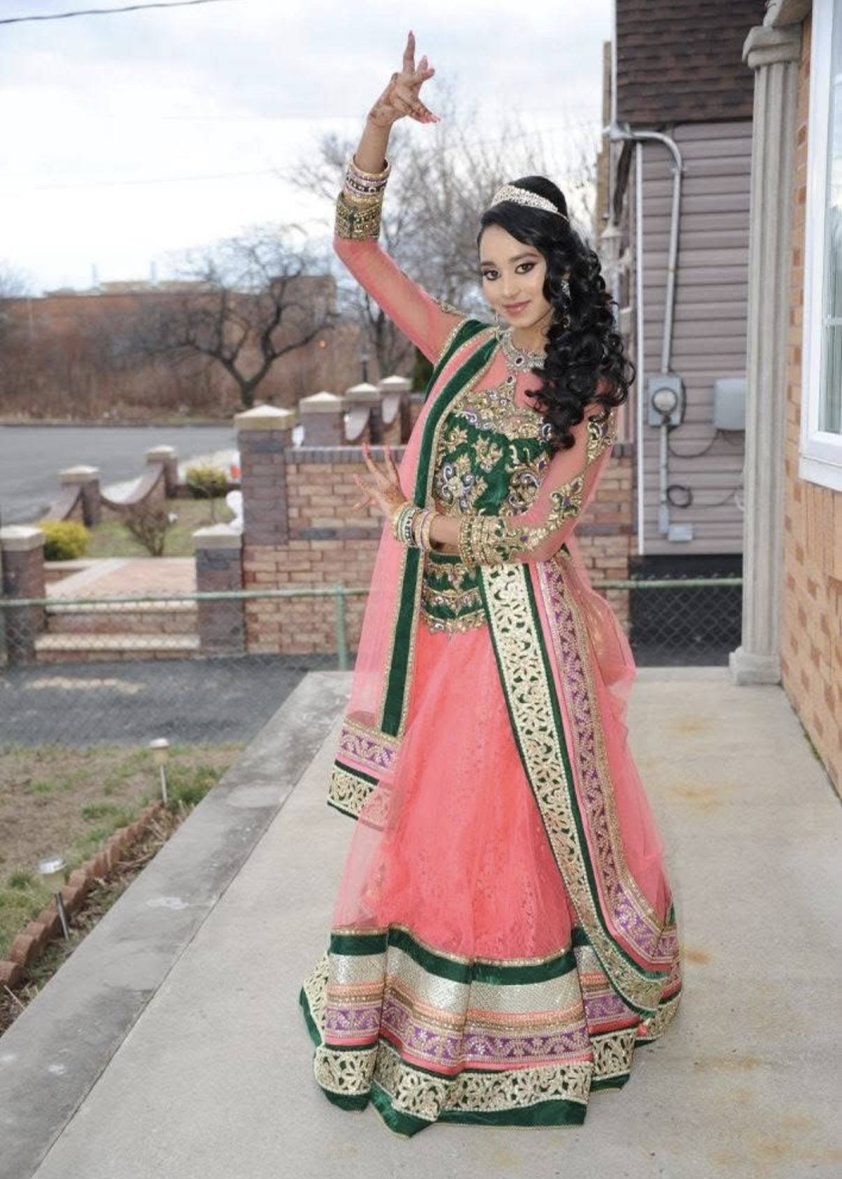 Coral Pink and Green Lehenga Image - 0